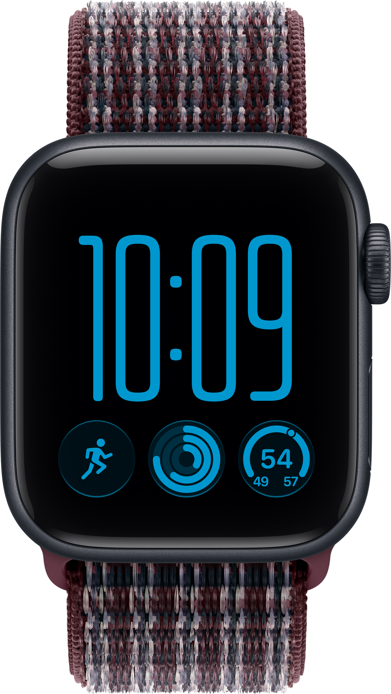 Uno smartwatch con cassa nera, quadrante digitale blu e cinturino in tessuto texturizzato su sfondo nero.