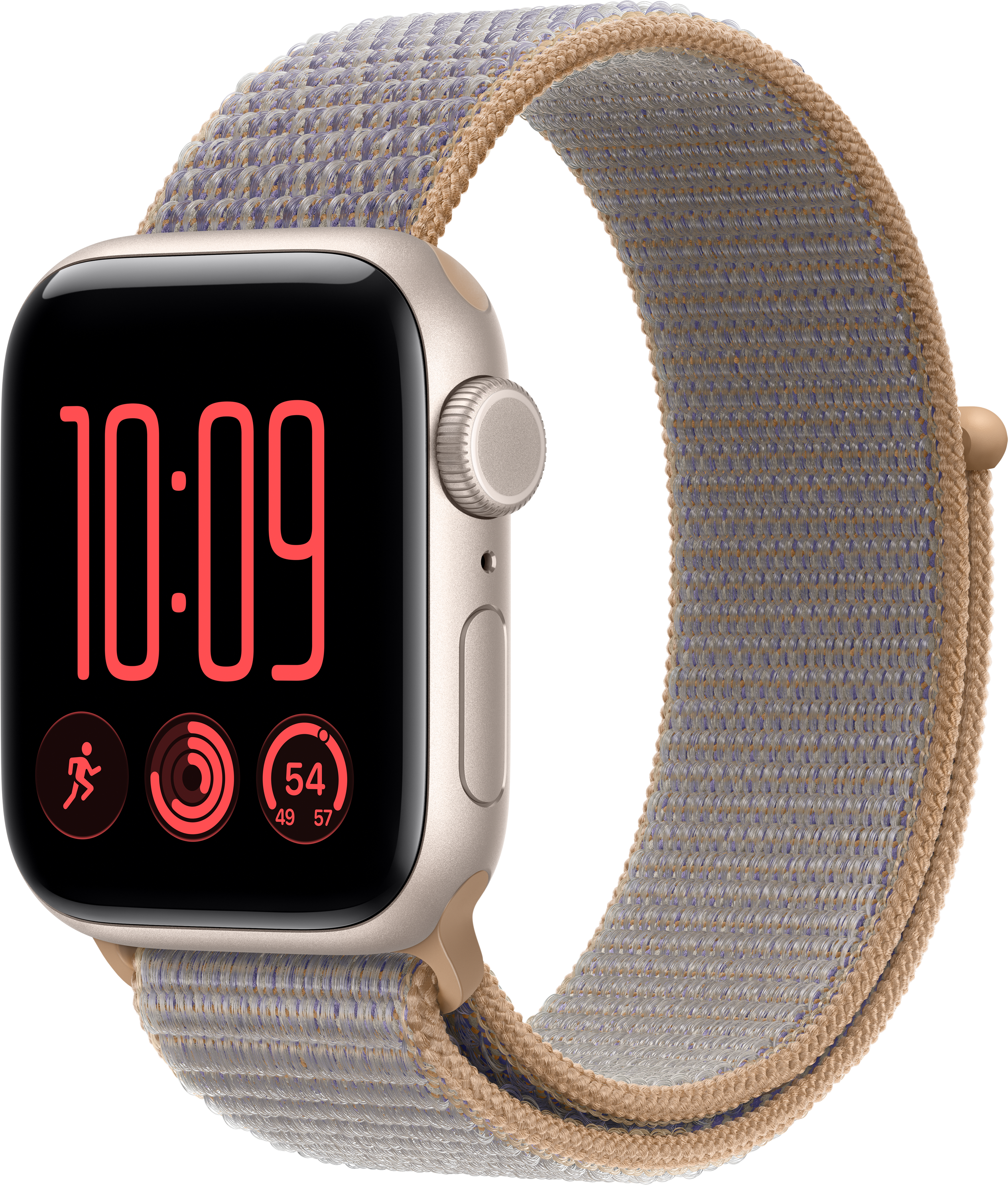 Eine Apple Watch mit goldenem Gehäuse und einem geflochtenen, beige-blauen Armband auf schwarzem Hintergrund.