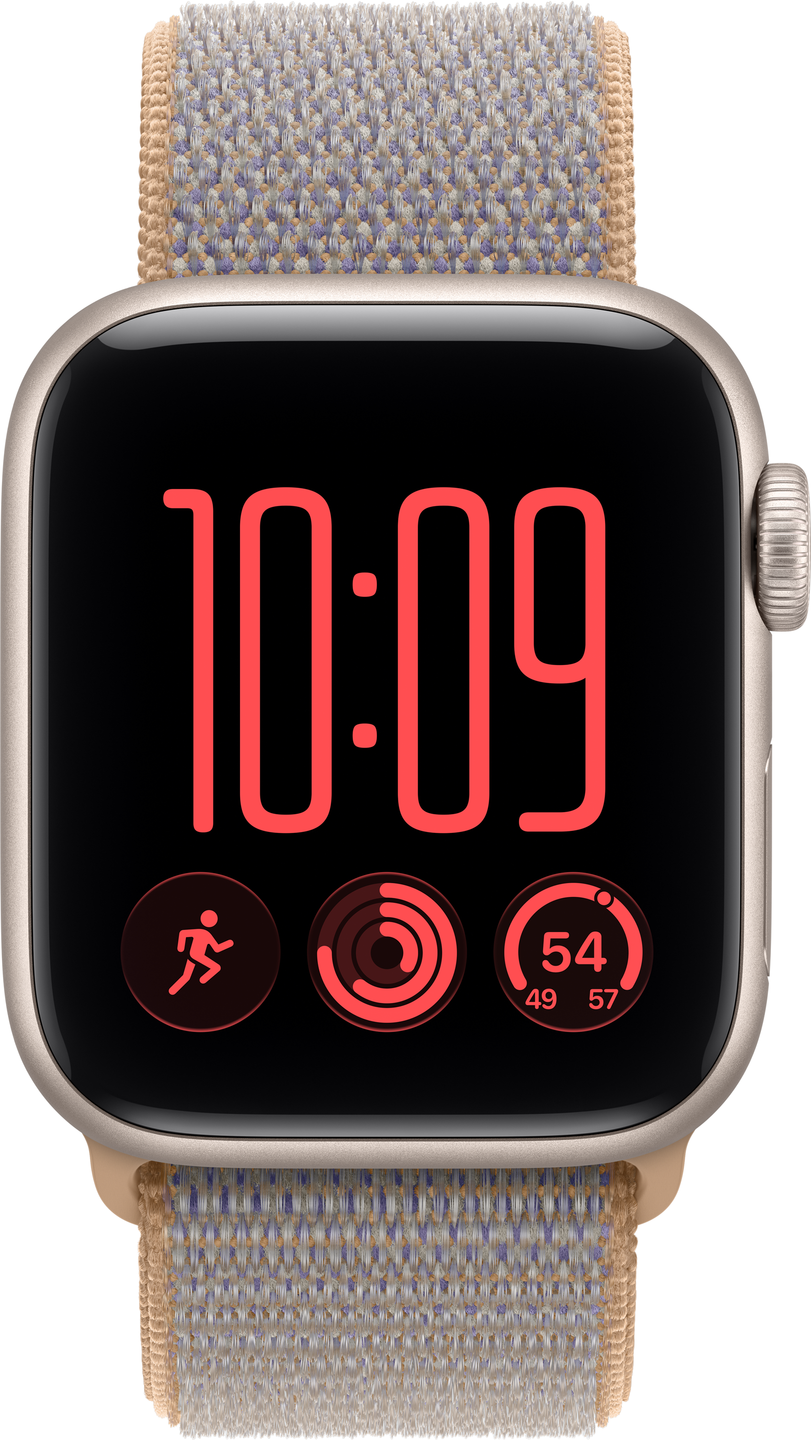 Eine goldene Smartwatch mit roter Zeitanzeige 10:09 und Aktivitätsringen auf dem Display, an einem gewebten Armband.