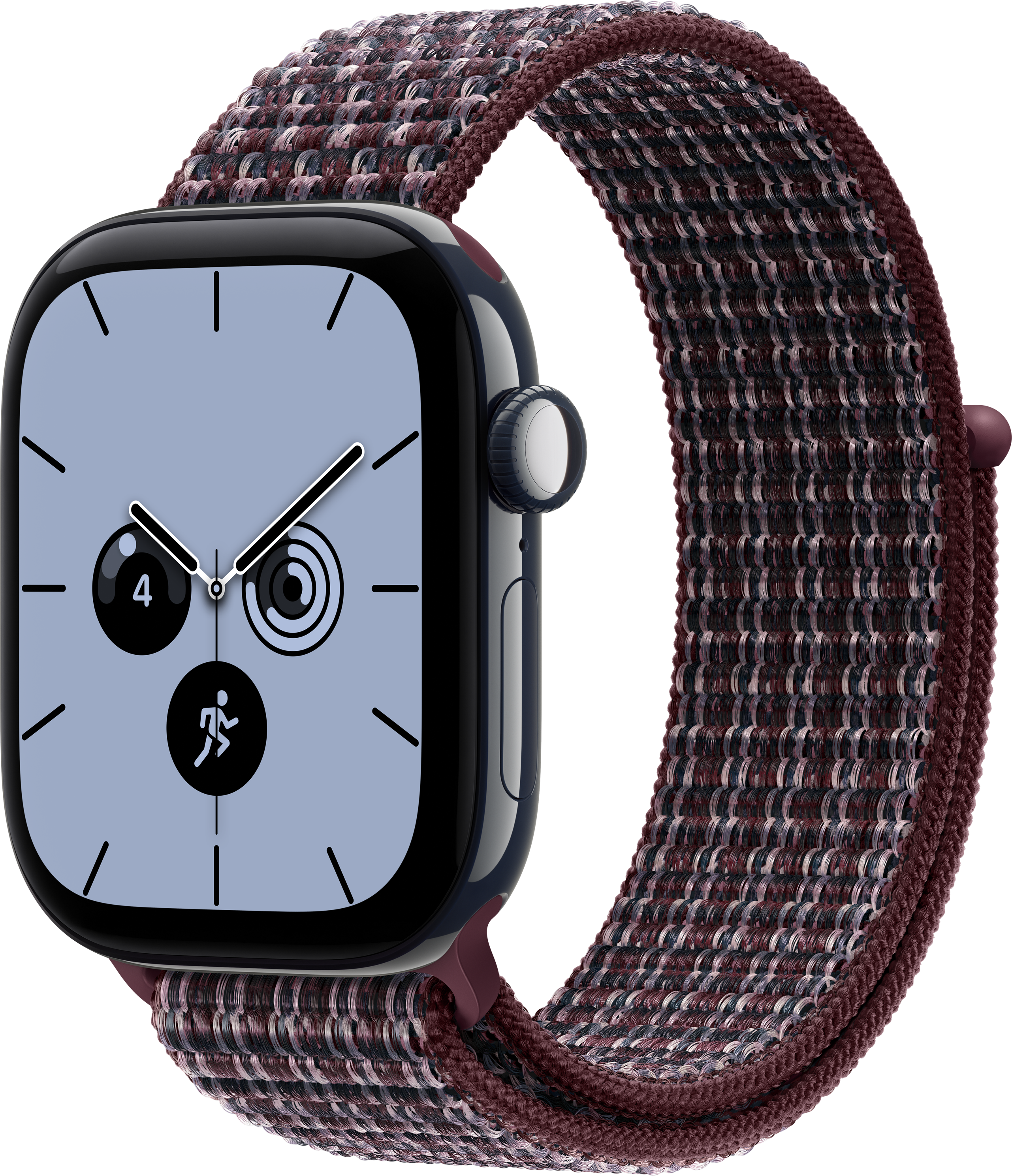 Uno smartwatch nero con un cinturino in nylon intrecciato scuro e un quadrante con più complicazioni.