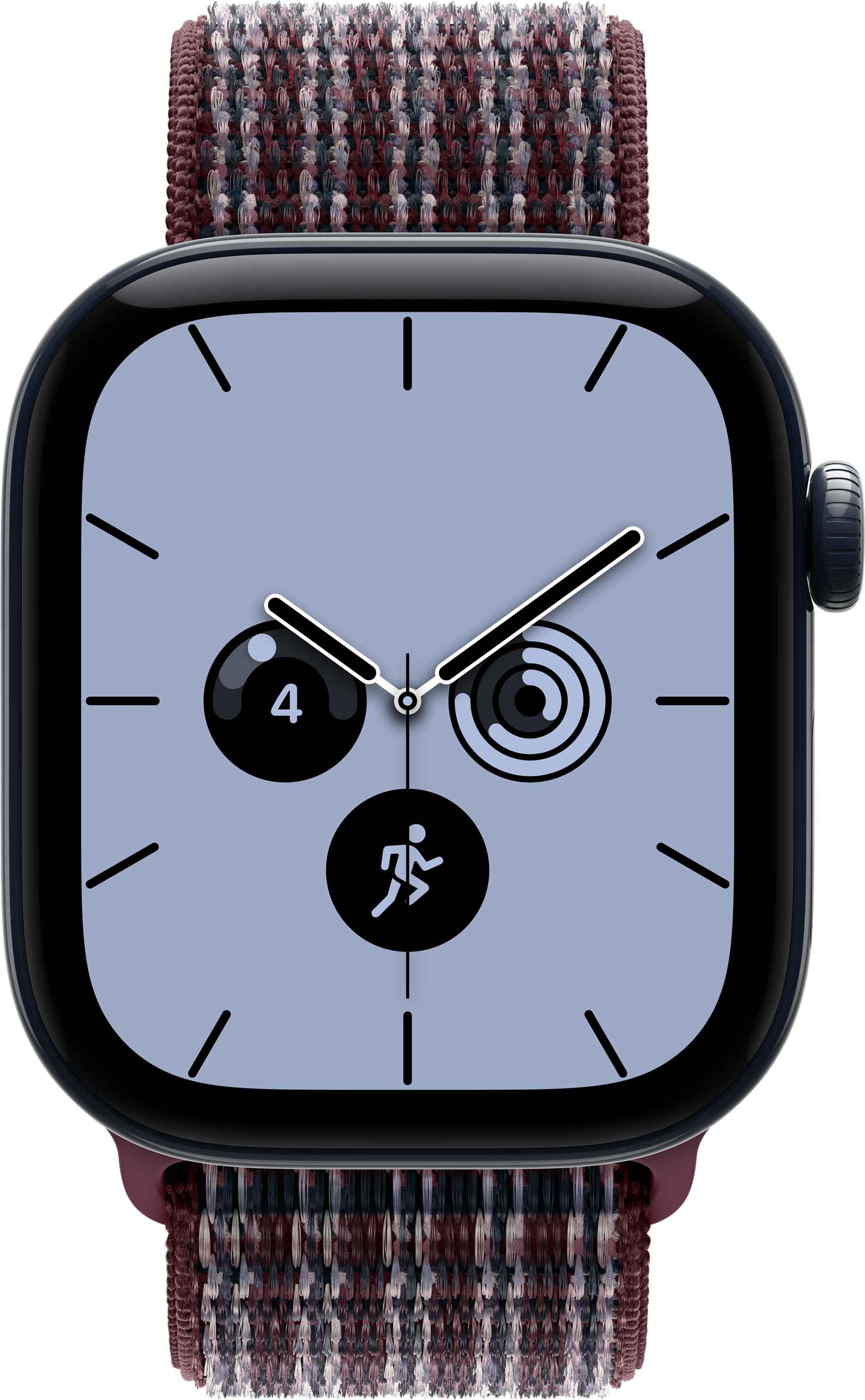 Uno smartwatch nero con quadrante azzurro e cinturino intrecciato bordeaux.