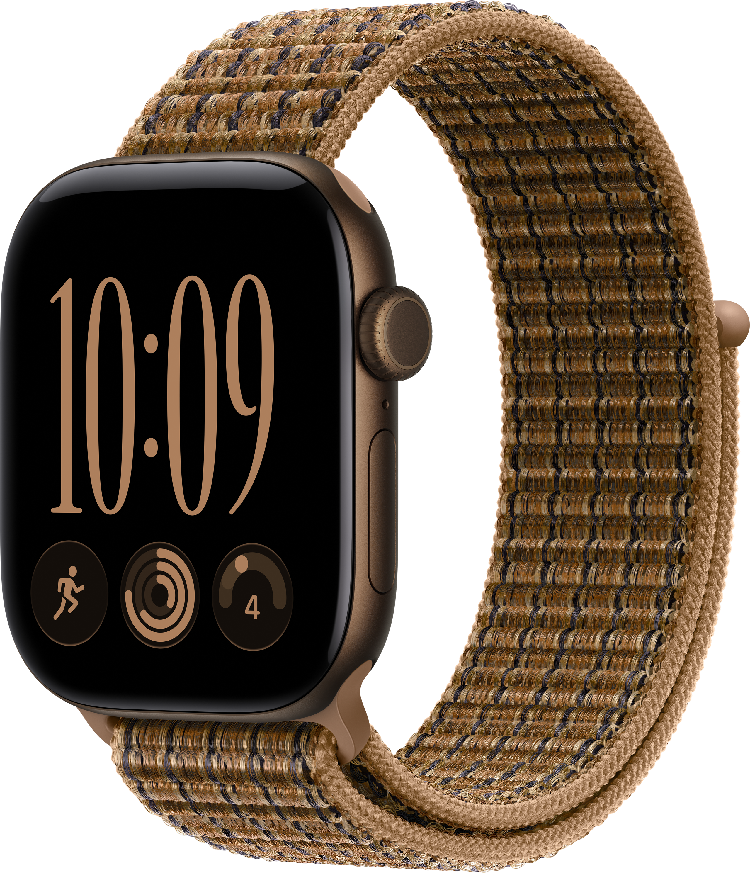 Une montre connectée bronze avec un bracelet tissé et un écran noir sur fond noir.