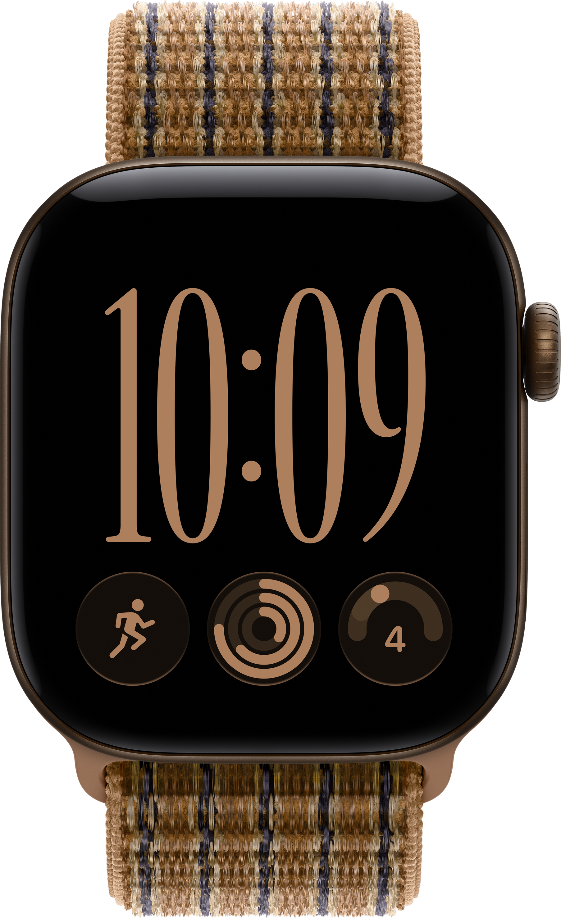 Montre connectée avec un bracelet tissé beige et un cadran numérique affichant 10:09 et des icônes de fitness.