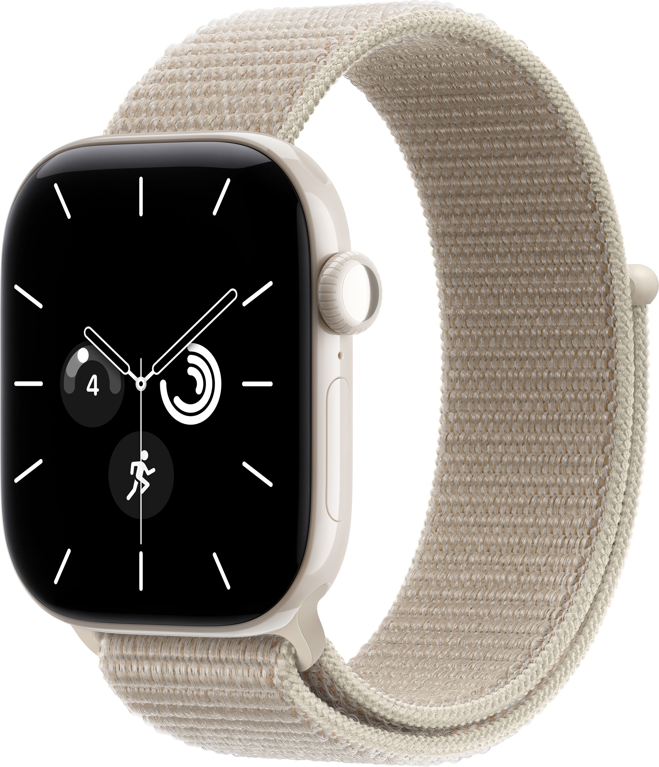 Uno smartwatch color crema con cinturino intrecciato e quadrante analogico con anelli di attività su sfondo nero.