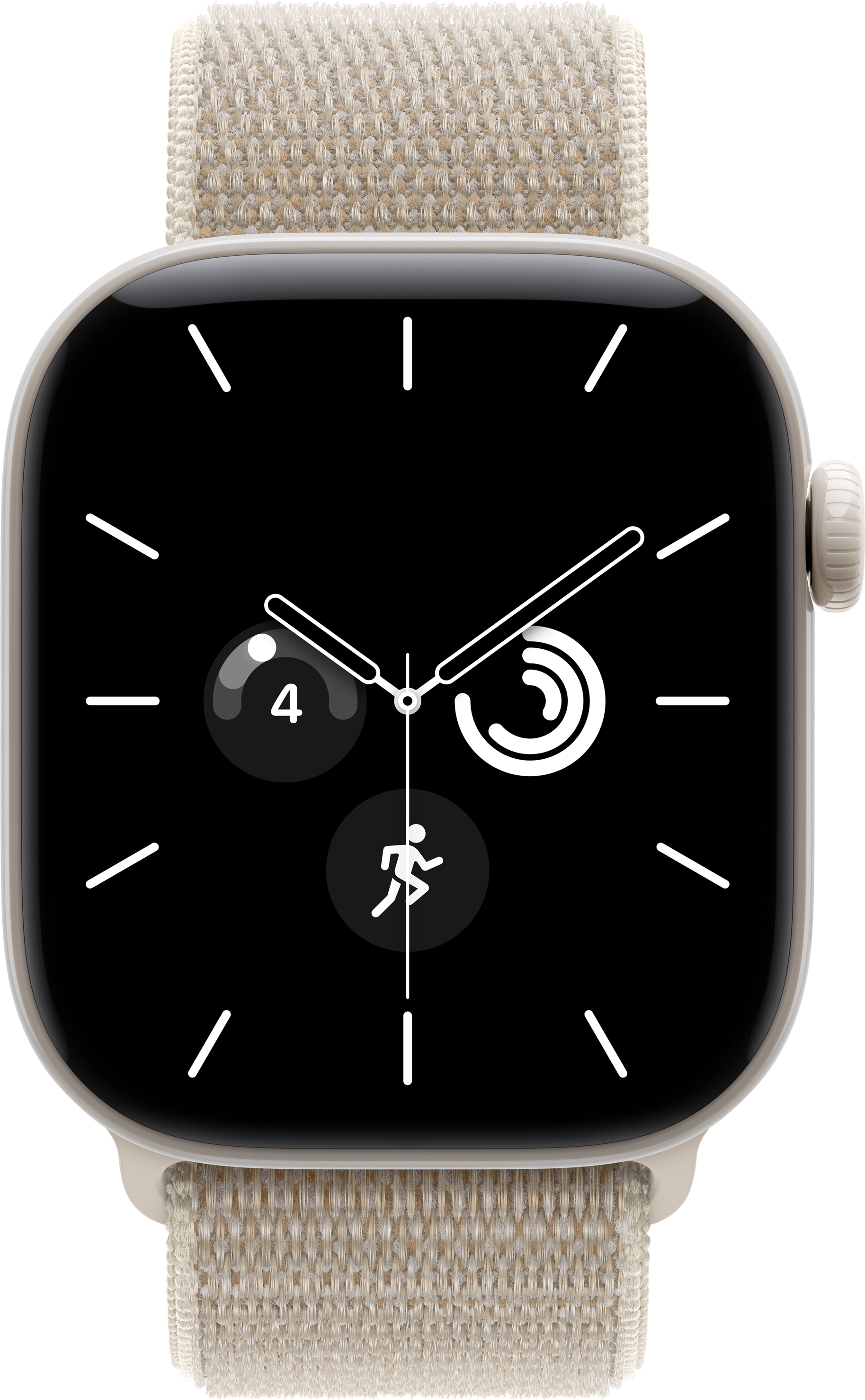 Un Apple Watch con cinturino in tessuto beige e quadrante analogico su sfondo nero.