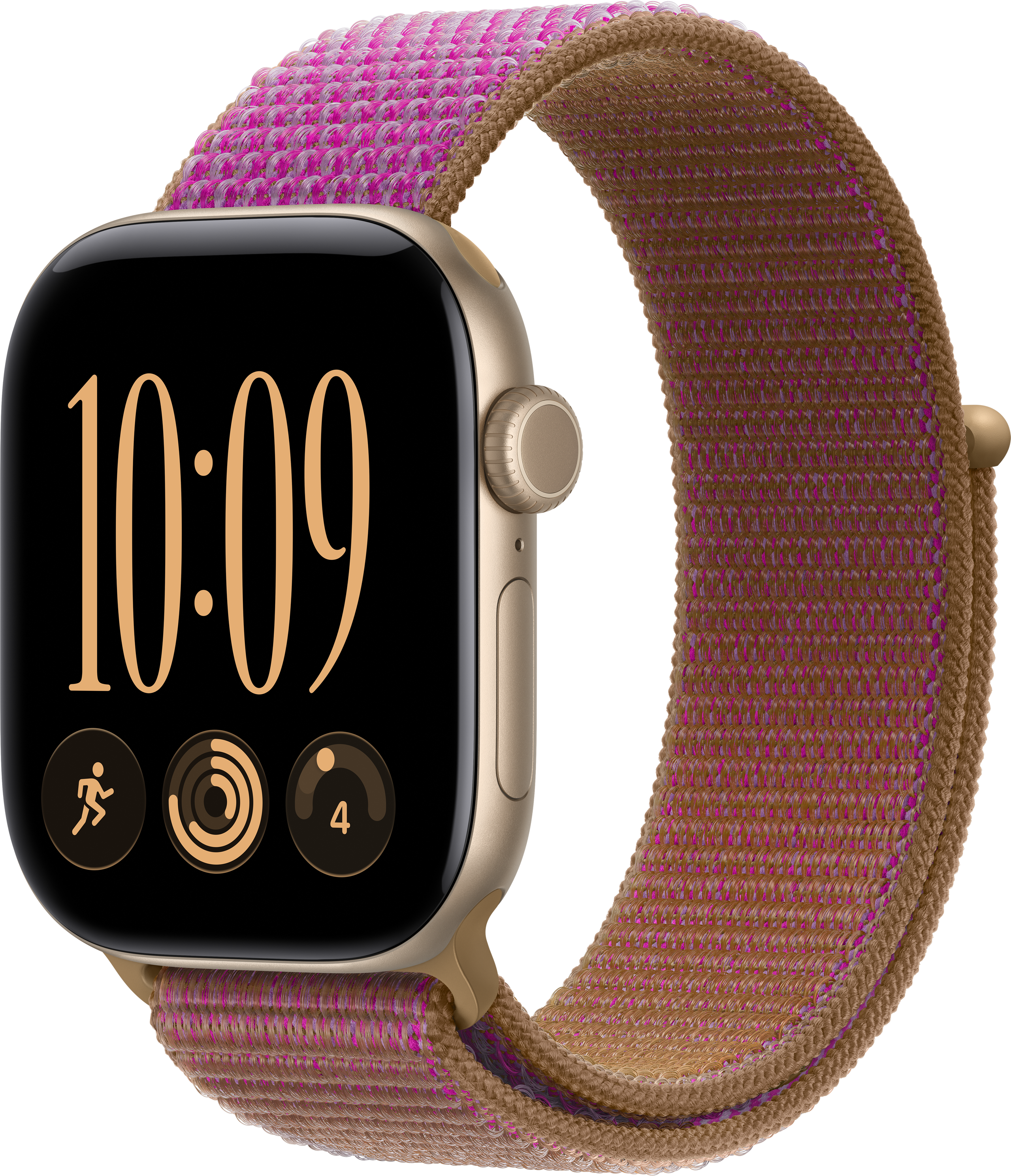 Une montre connectée avec un boîtier doré et un bracelet tissé marron et rose. L'écran affiche 10:09.
