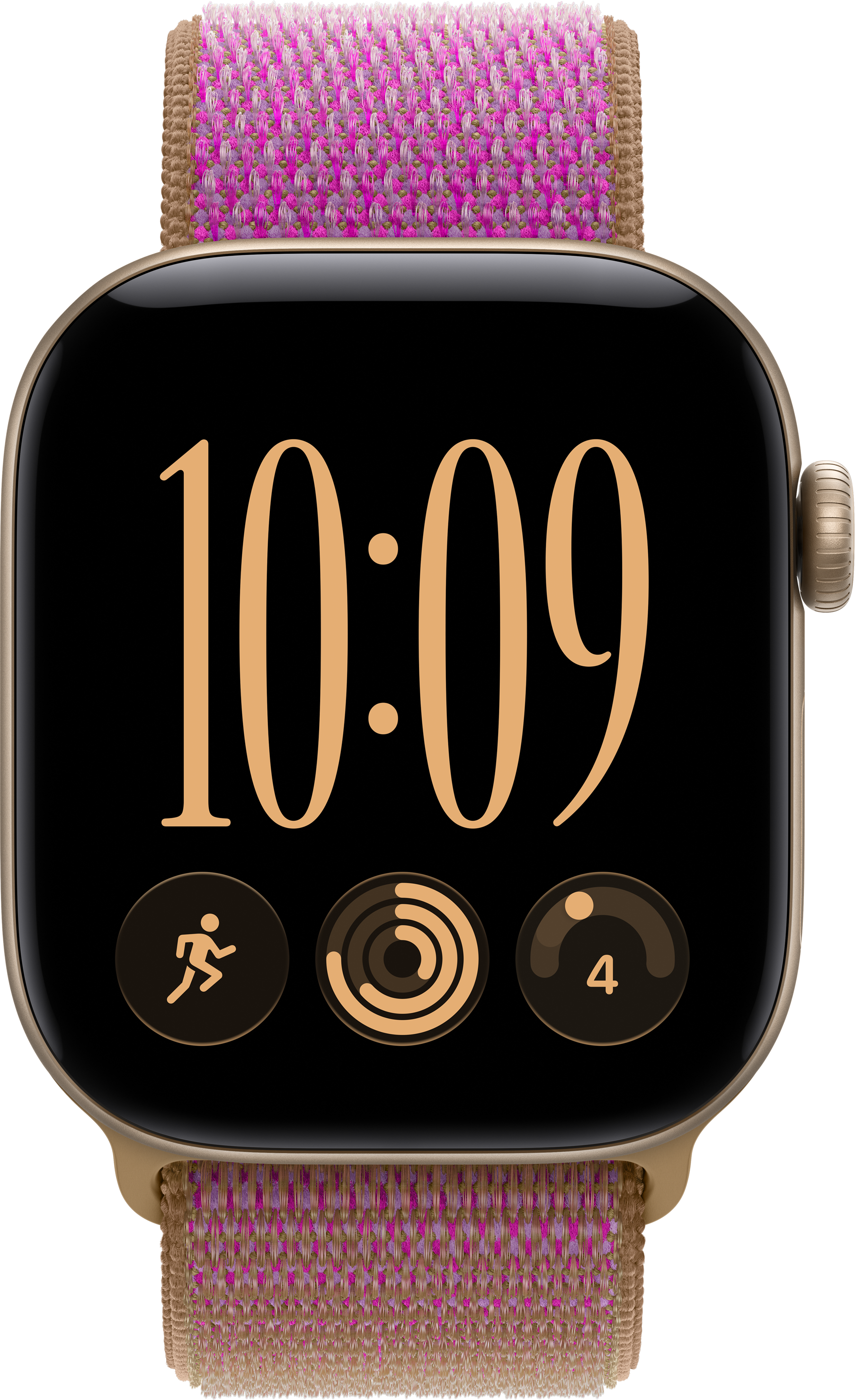 Une montre connectée au boîtier doré, bracelet en tissu rose et marron, affichant 10:09 et trois icônes.
