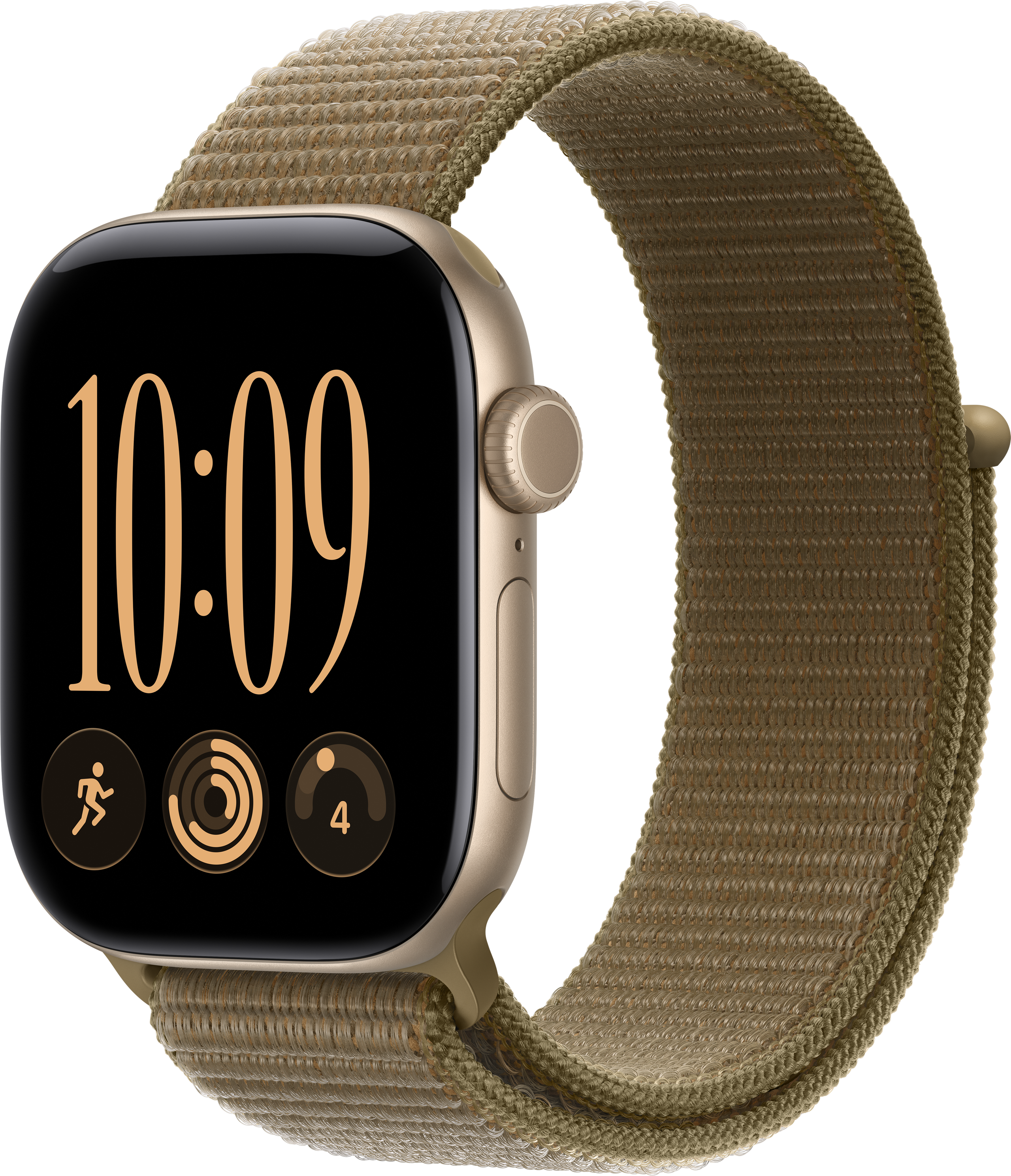 Eine goldene Smartwatch mit braunem Textilarmband zeigt das Display mit der Uhrzeit 10:09 auf schwarzem Hintergrund.