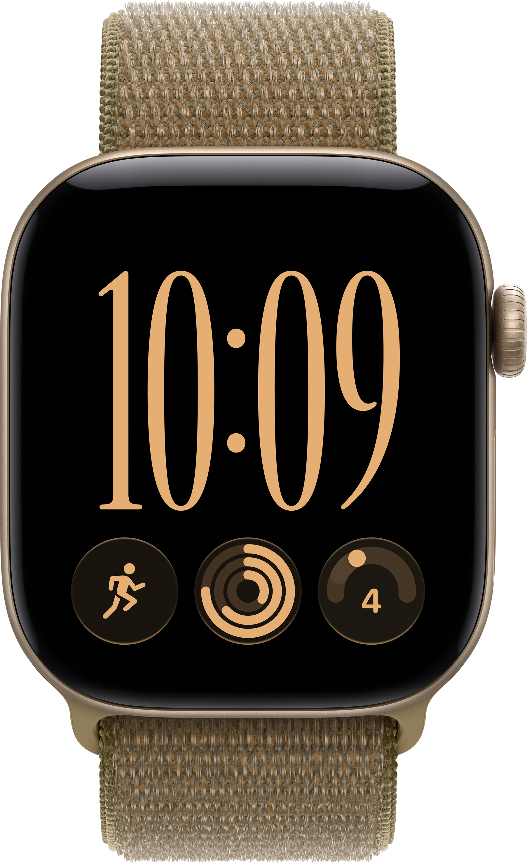 Goldfarbene Smartwatch mit beige-braunem Nylonarmband zeigt 10:09 Uhr und Aktivitätsringe an.