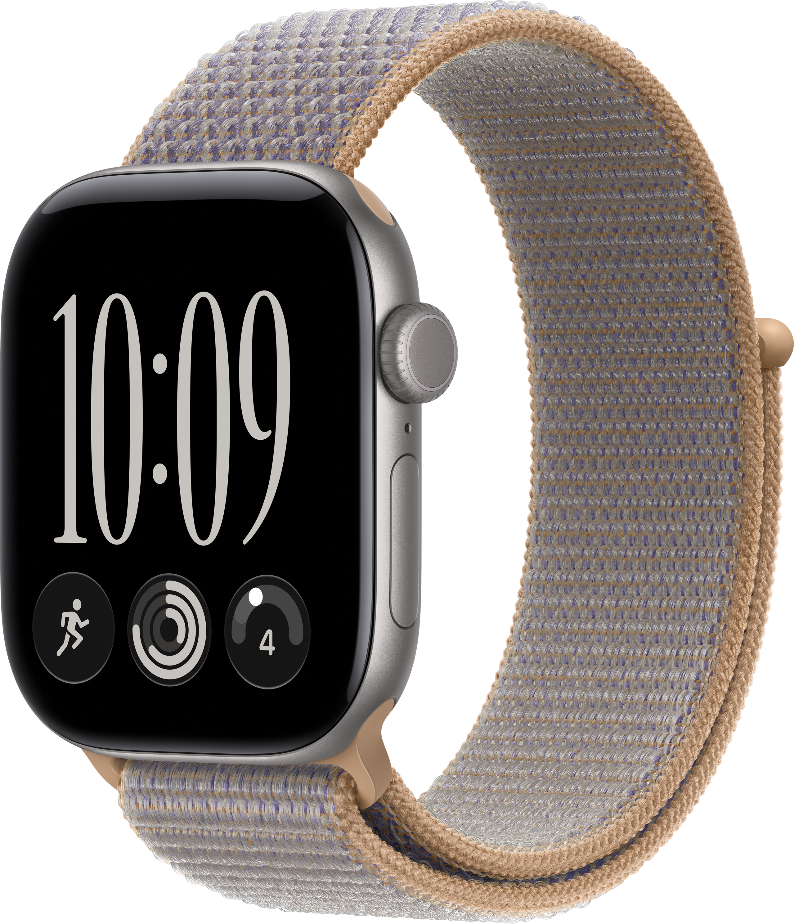 Eine Smartwatch mit silbernem Gehäuse und einem gewebten, beige-blauen Nylonarmband vor schwarzem Hintergrund.