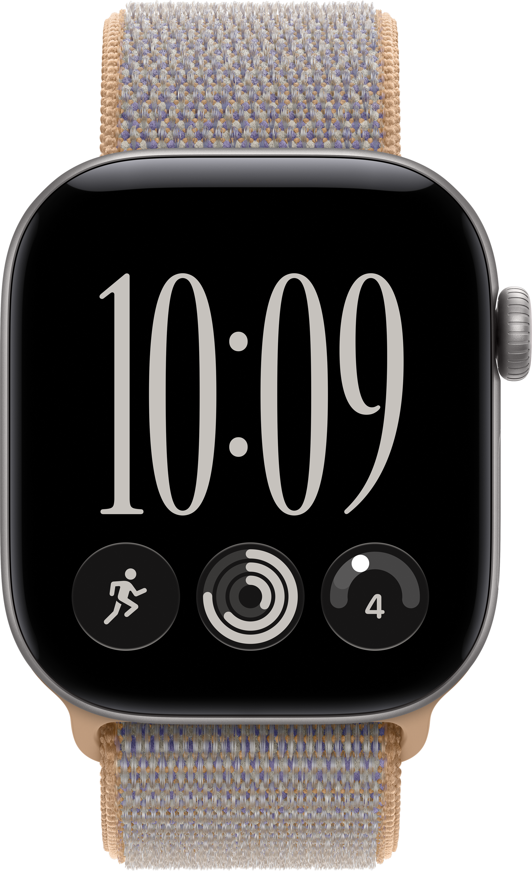 Eine Smartwatch mit beigem Textilarmband zeigt die Uhrzeit 10:09 und drei Aktivitäts-Apps auf dem Display.