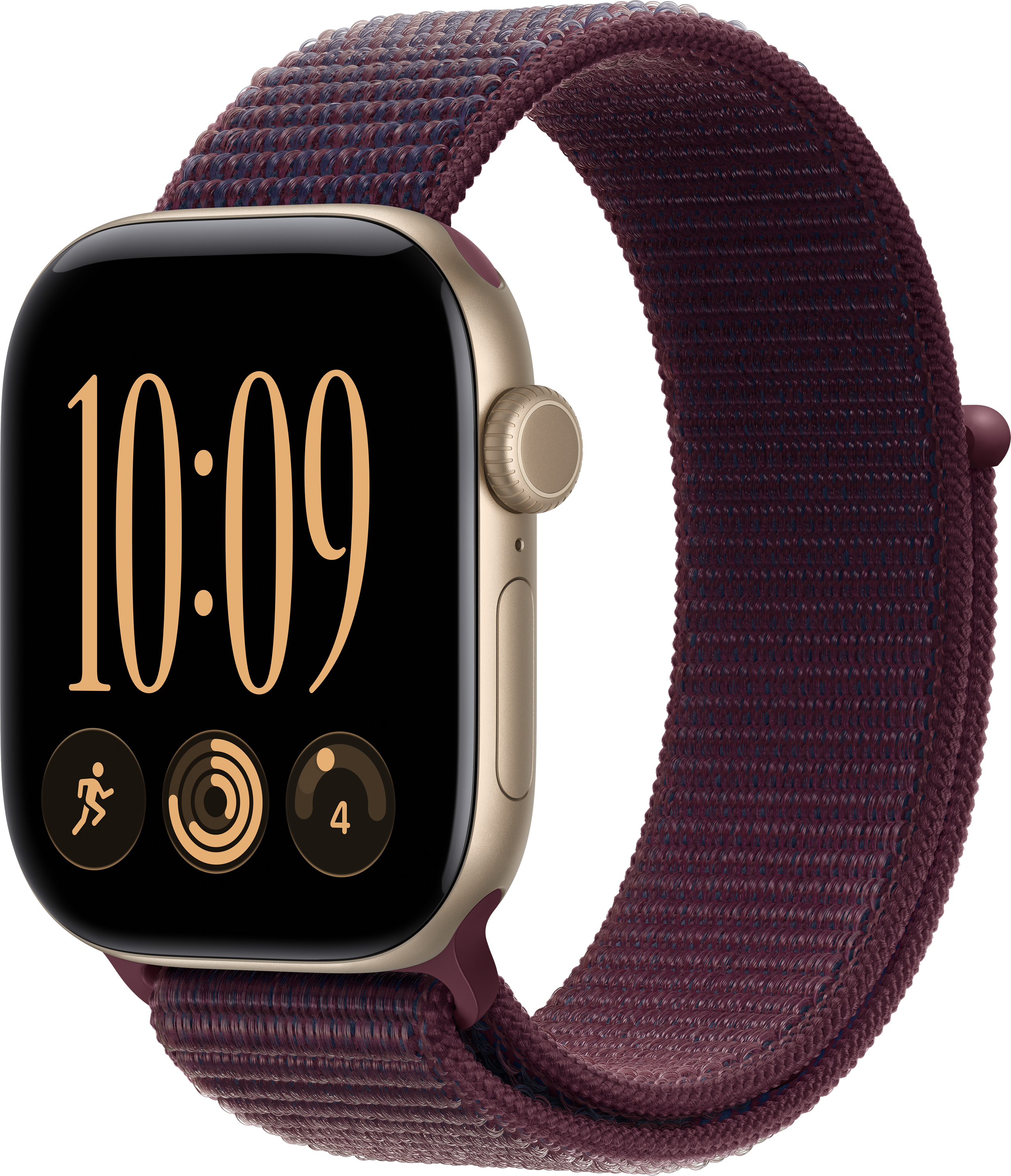 Une montre connectée dorée avec un bracelet tissé violet foncé affiche 10:09 sur fond noir.