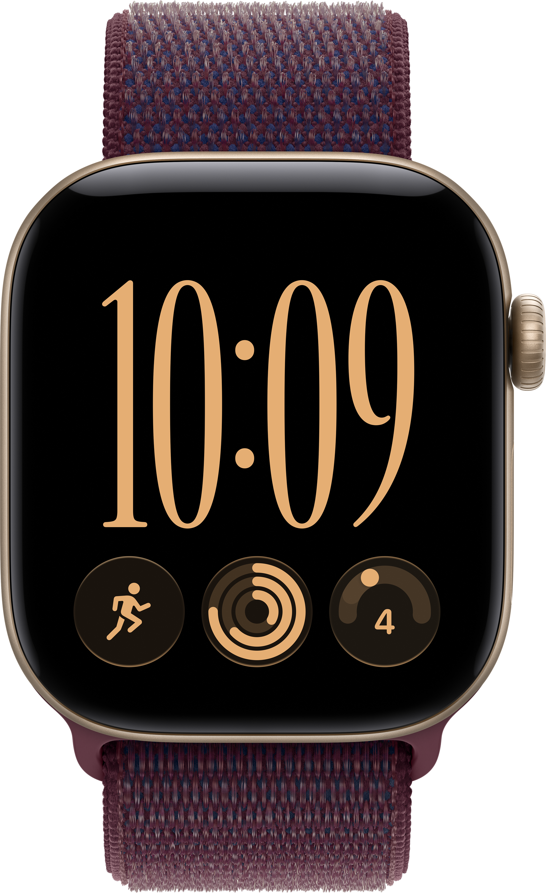 Une montre connectée avec boîtier doré, bracelet tressé prune et cadran affichant 10:09.