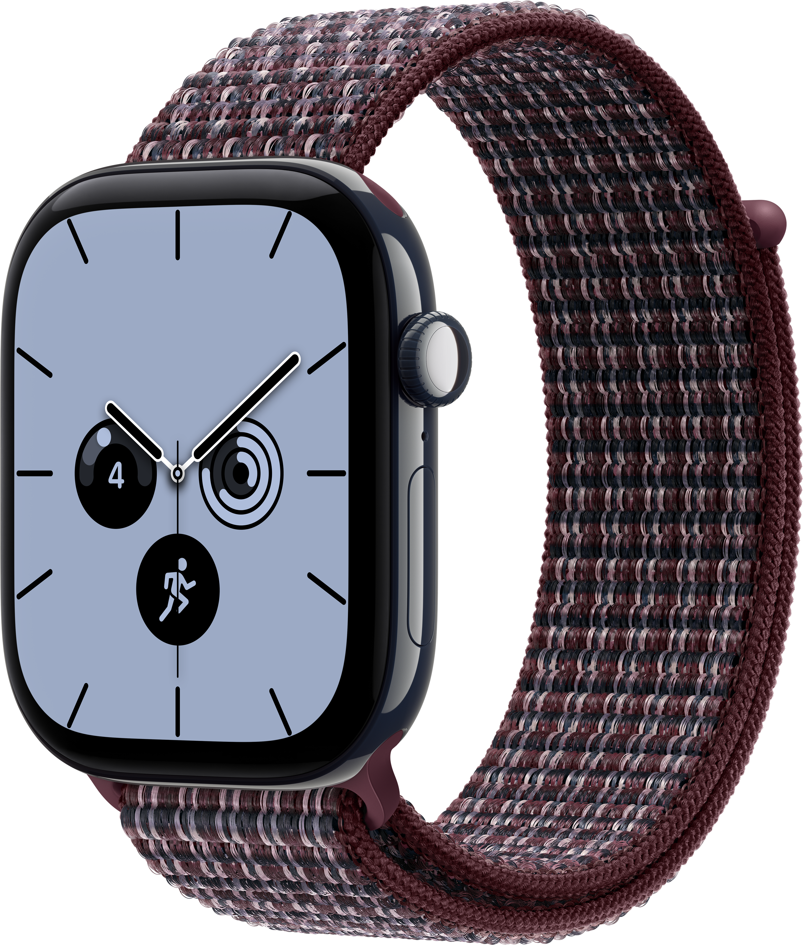 Eine Smartwatch mit hellblauem Zifferblatt und strukturiertem, dunkelrotem Stoffarmband vor schwarzem Hintergrund.