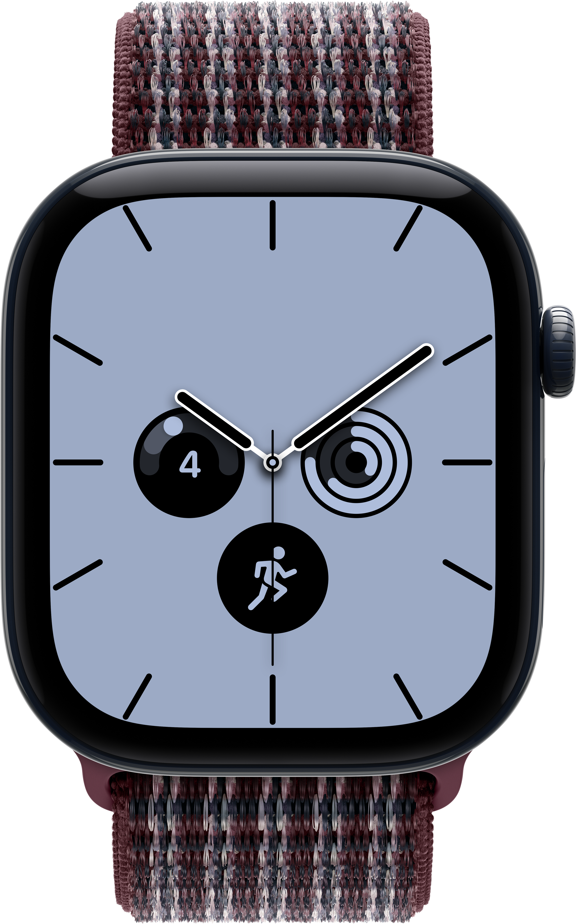 Eine Smartwatch mit grauem Zifferblatt, analogen Zeigern, drei runden Komplikationen und dunklem Stoffarmband.