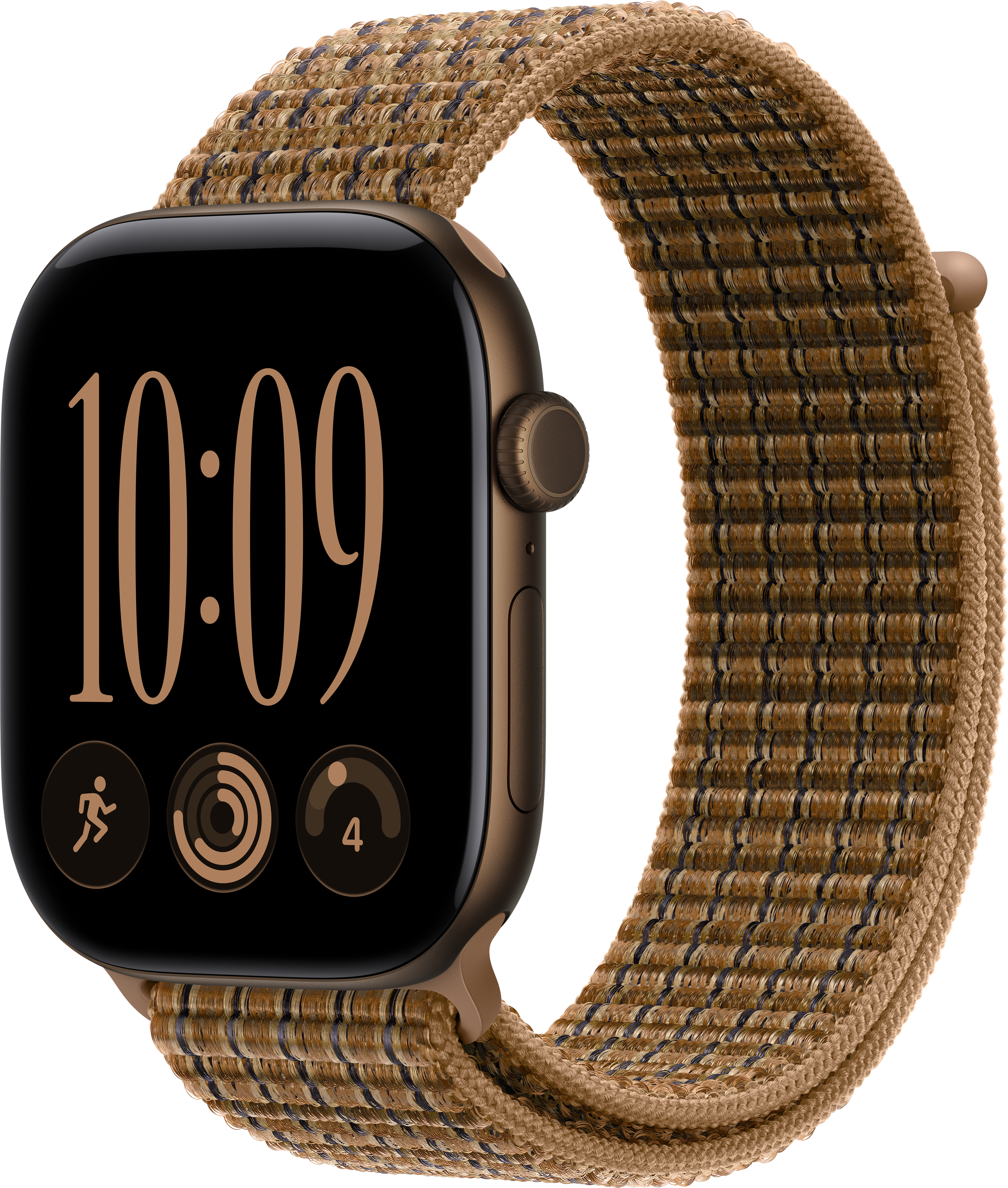 Une Apple Watch marron avec bracelet en tissu tressé affiche 10:09 et des icônes de fitness sur fond noir.
