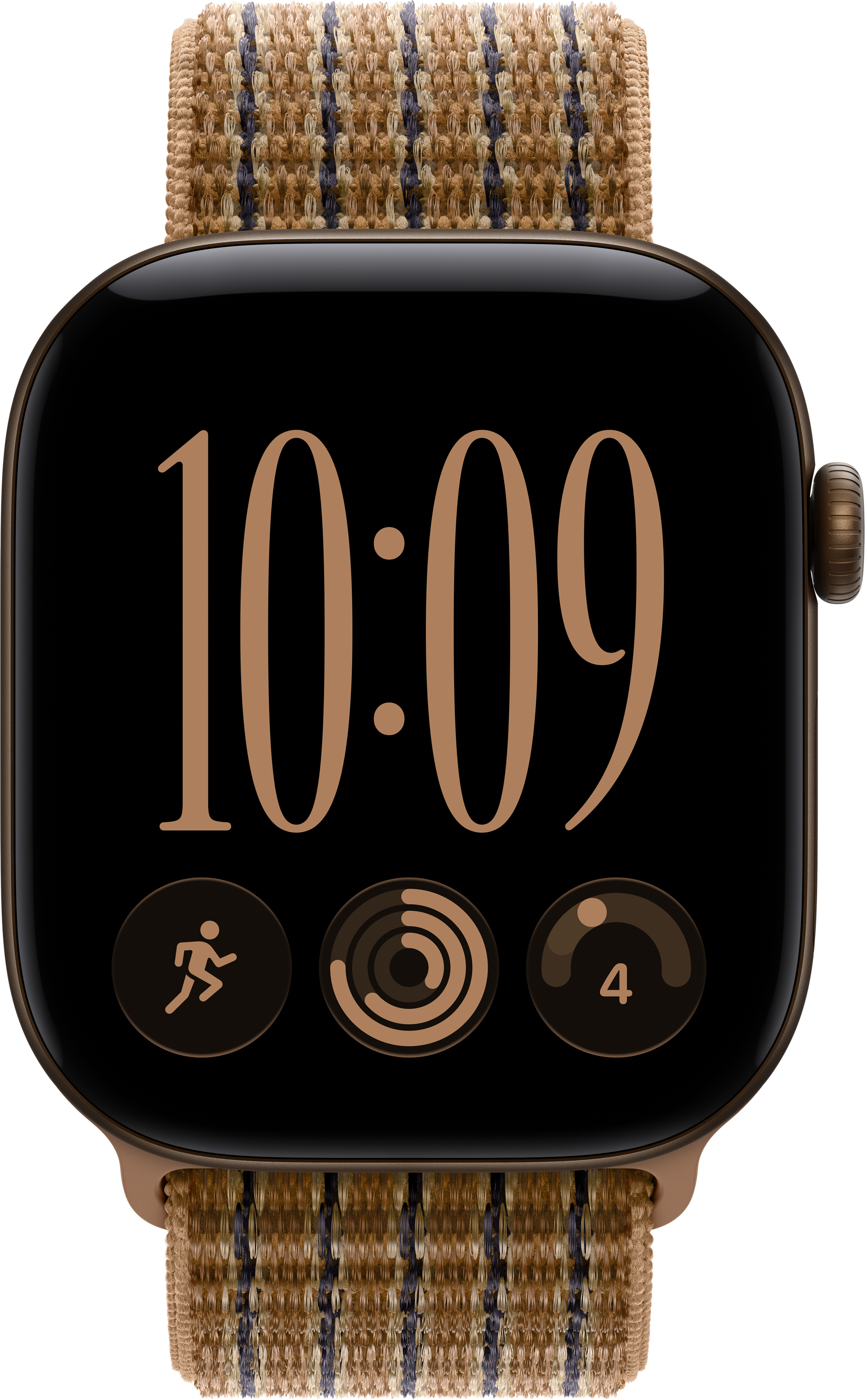 Une montre connectée avec un bracelet en tissu marron affiche 10:09 et trois applications d'activité sur fond noir.