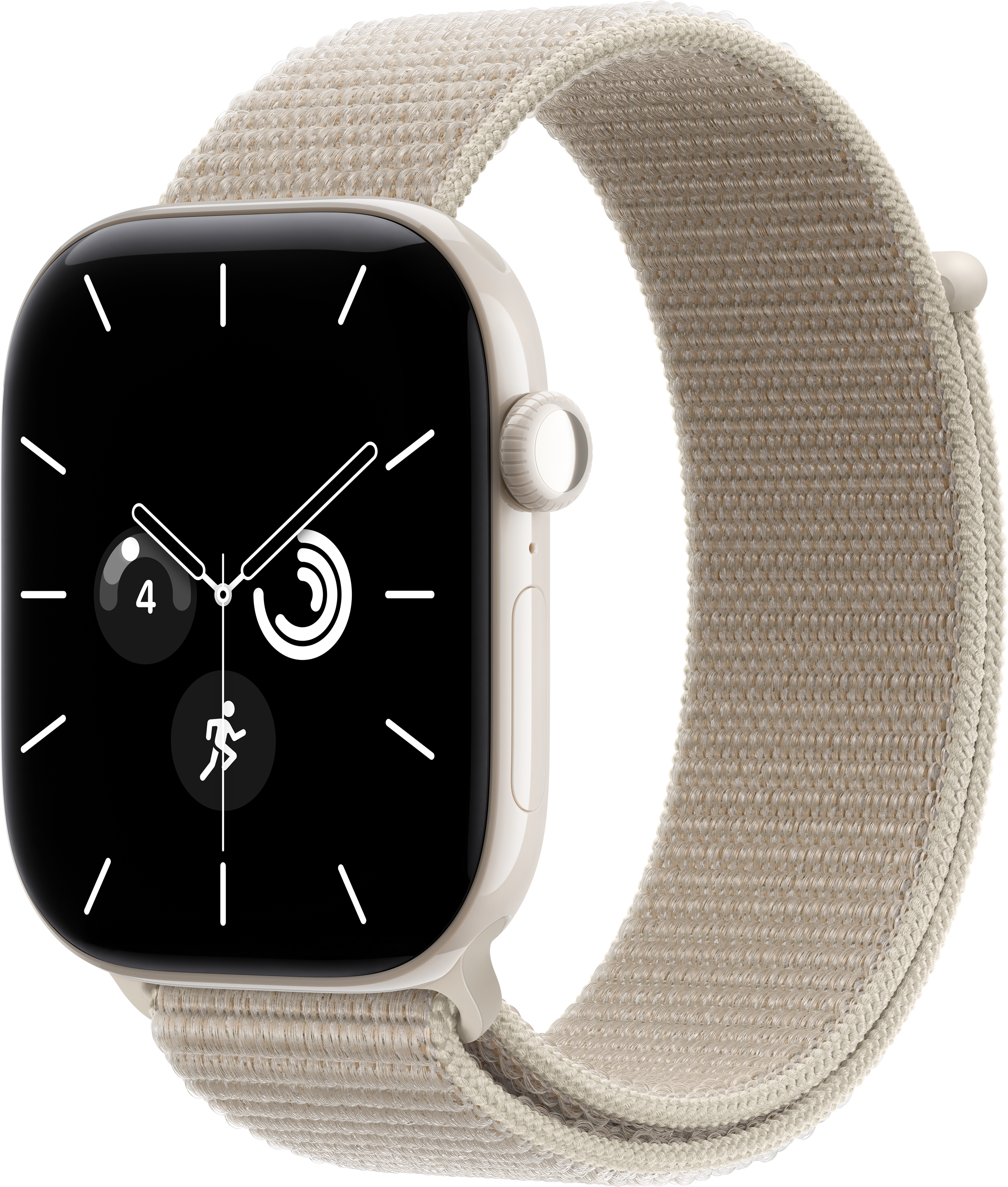 Uno smartwatch beige con cinturino in tessuto e quadrante digitale con icone.