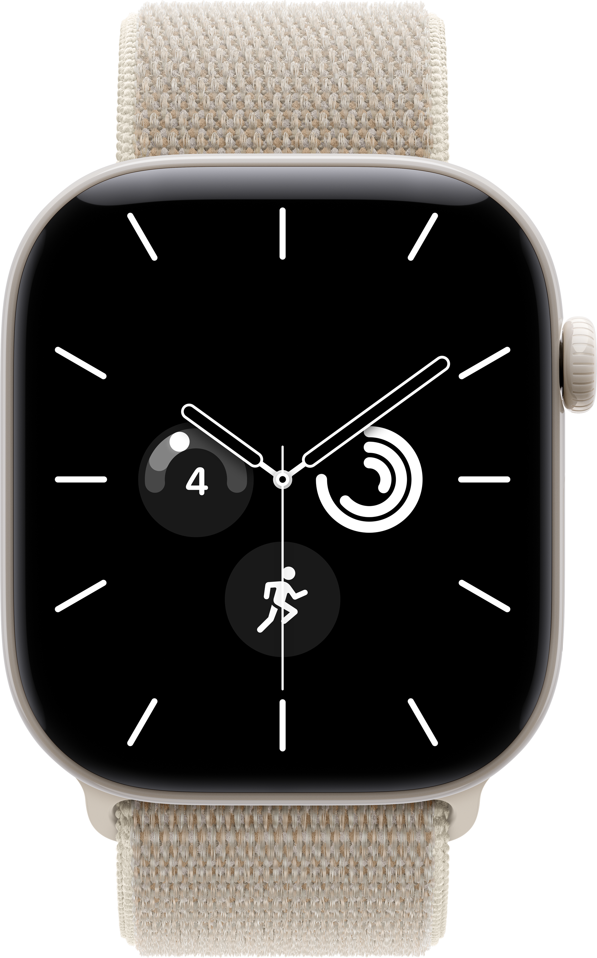 Uno smartwatch con cinturino in tessuto beige e quadrante nero con lancette bianche e icone.