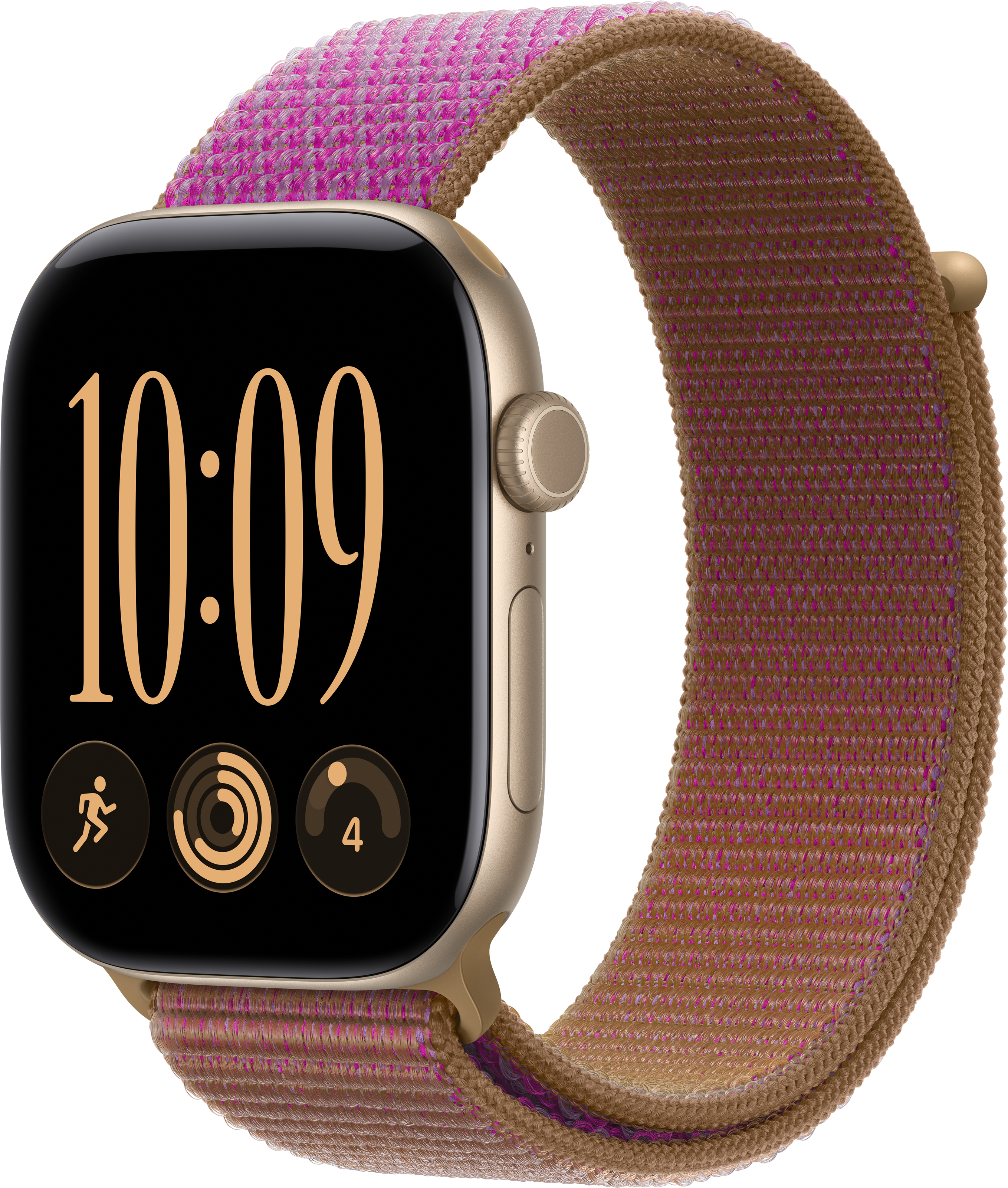 Montre connectée dorée avec bracelet en nylon marron et rose, affichage numérique noir indiquant 10:09.
