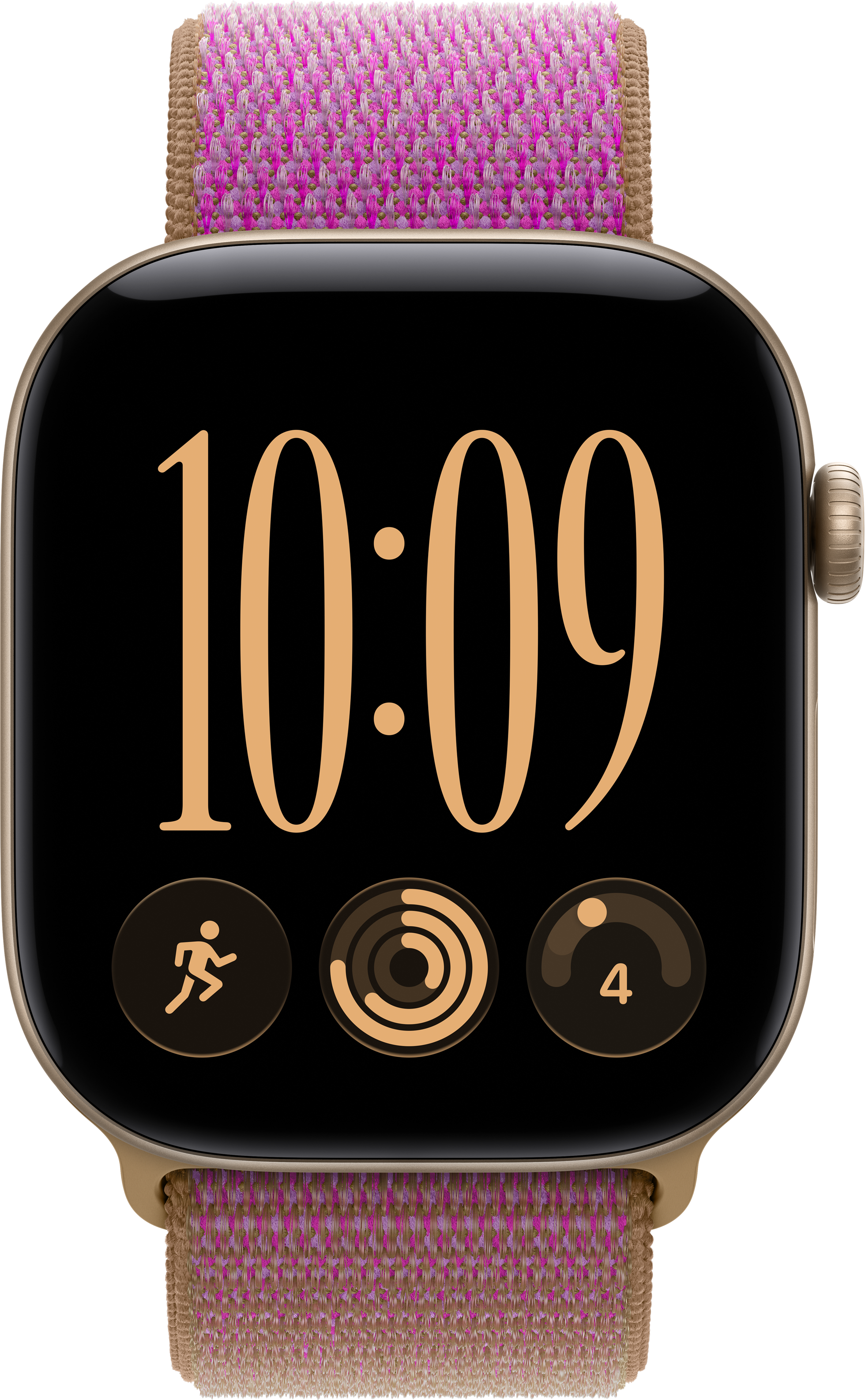 Montre connectée dorée avec bracelet en tissu rose et affichage 10:09.