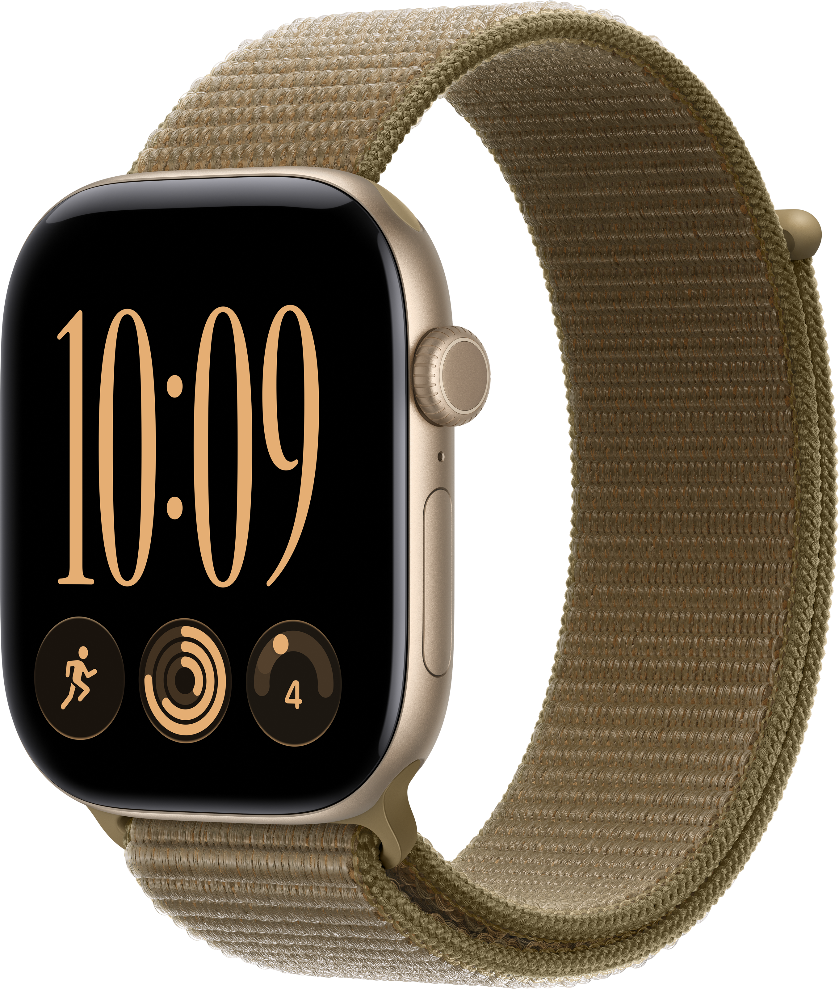 Uno smartwatch dorato con cinturino in tessuto mostra le 10:09 e gli anelli di attività su sfondo nero.