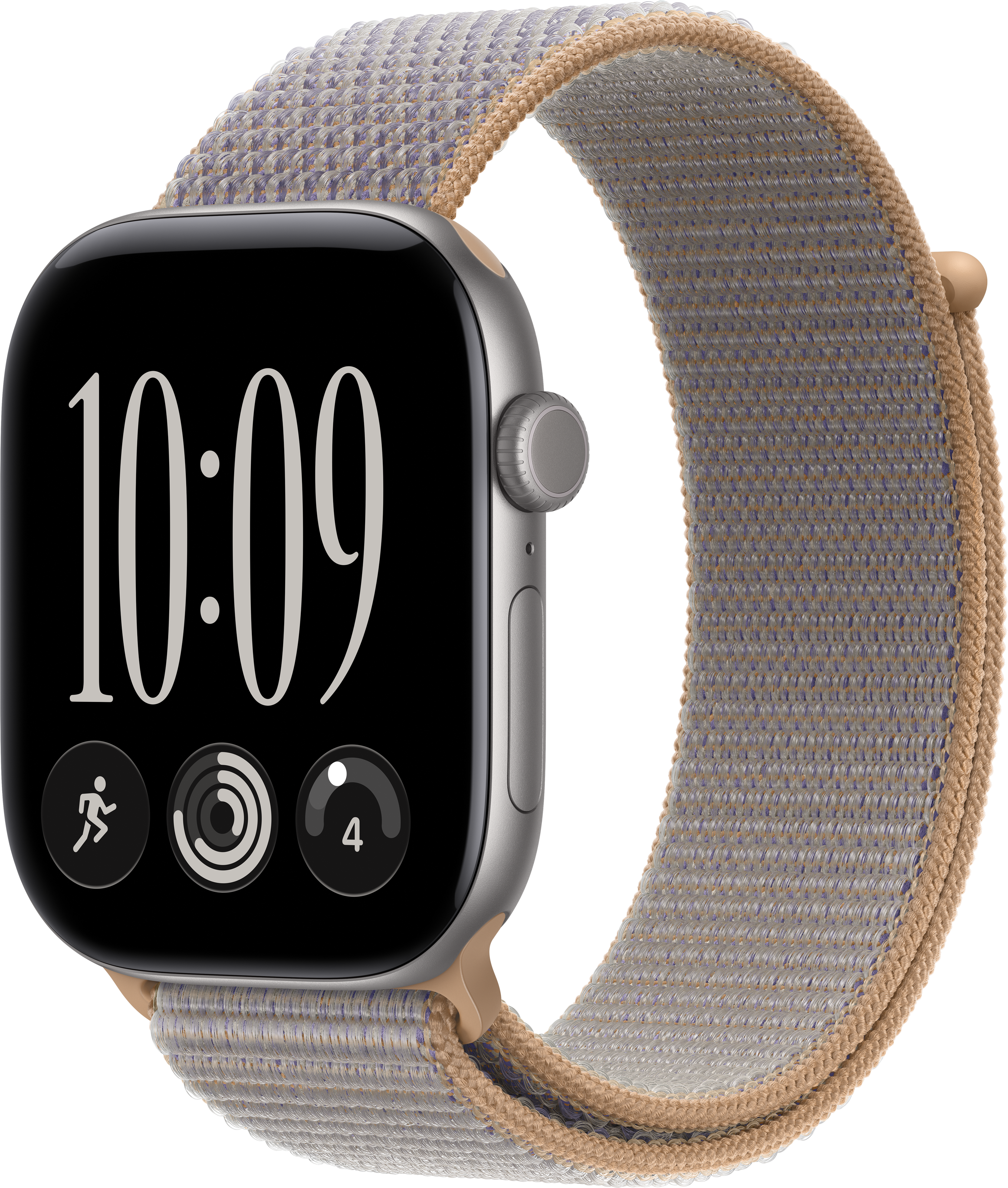 Eine silberne Smartwatch mit beige-violettem Stoffarmband zeigt 10:09 Uhr auf schwarzem Display.