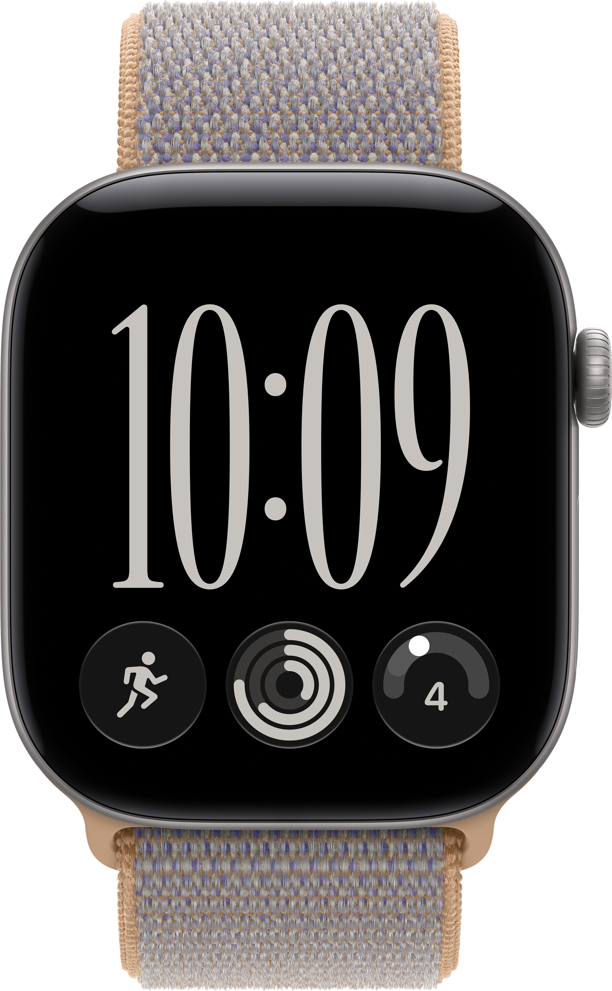 Eine Smartwatch mit Stoffarmband zeigt das schwarze Zifferblatt mit der Uhrzeit 10:09 und drei Apps.