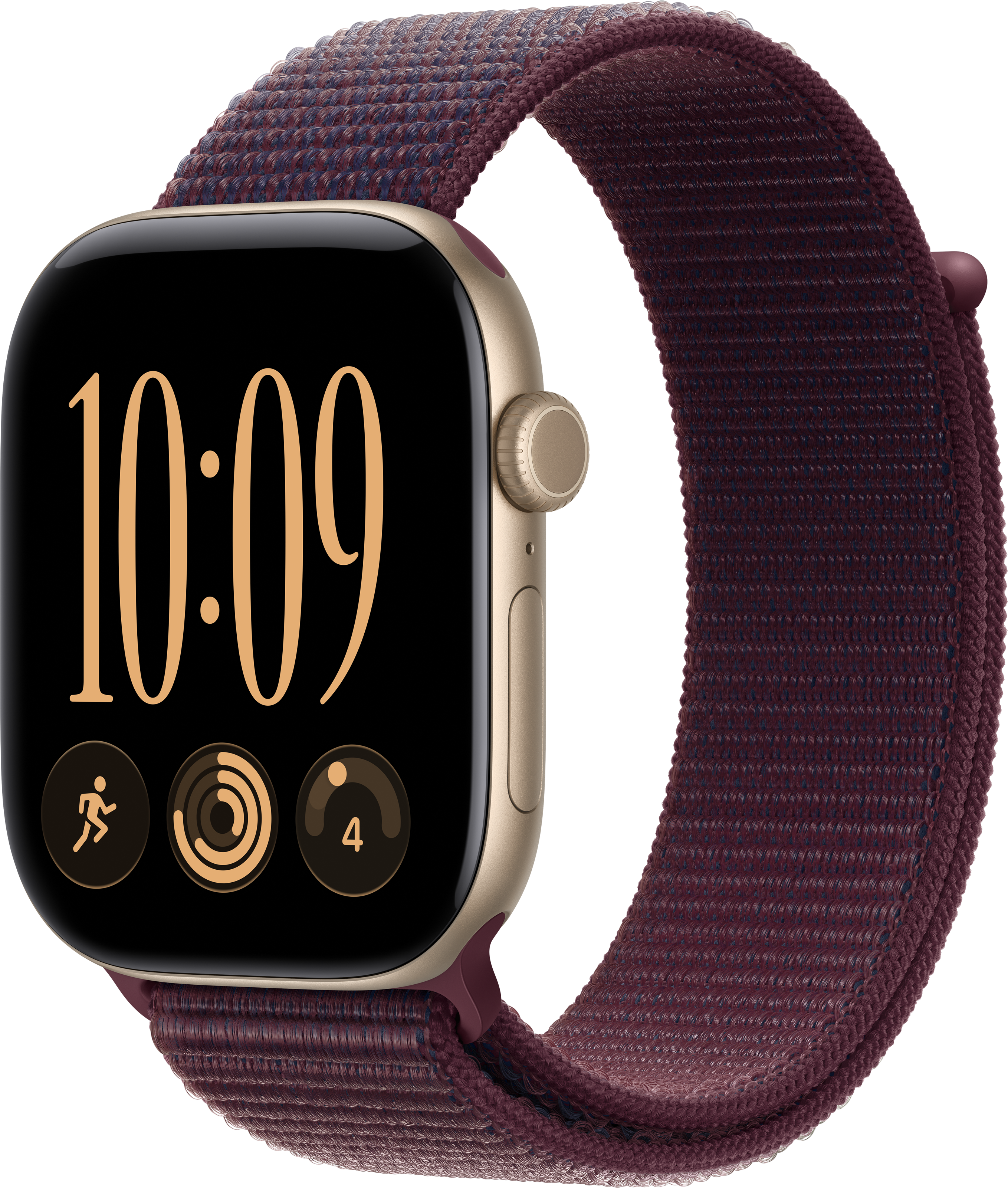 Montre connectée dorée avec bracelet mauve foncé, affichant 10h09 et trois icônes sur fond noir.