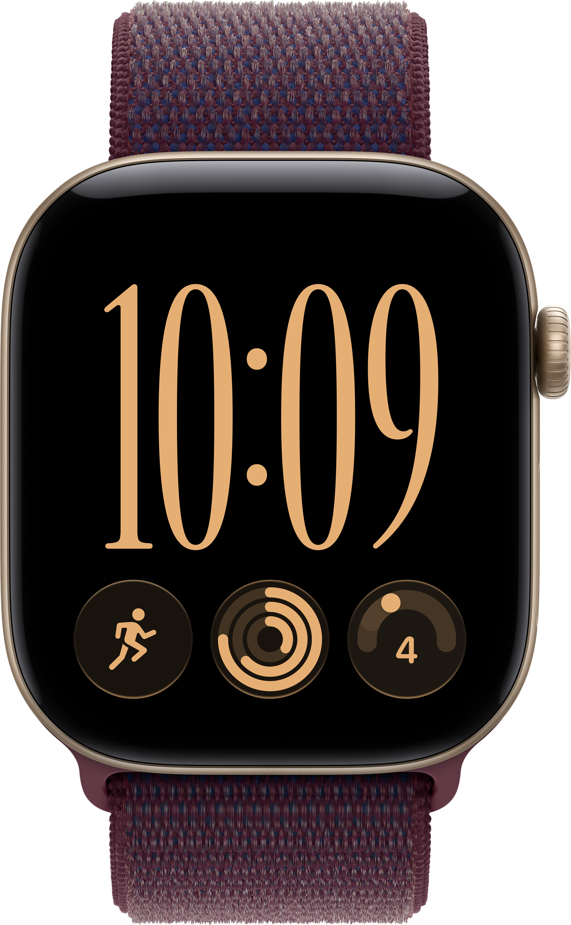 Montre connectée dorée avec écran sombre affichant 10:09, anneaux d'activité et bracelet rouge.
