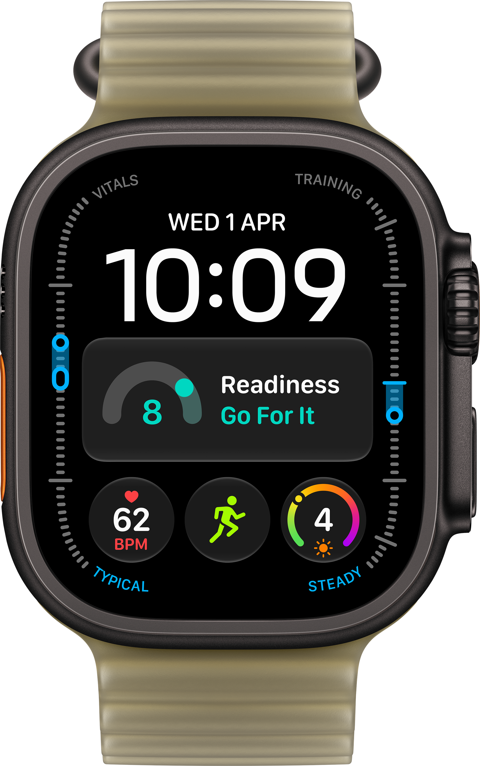 Une montre connectée affiche 10:09, la date, une fréquence cardiaque de 62 BPM et des mesures de fitness sur fond noir.