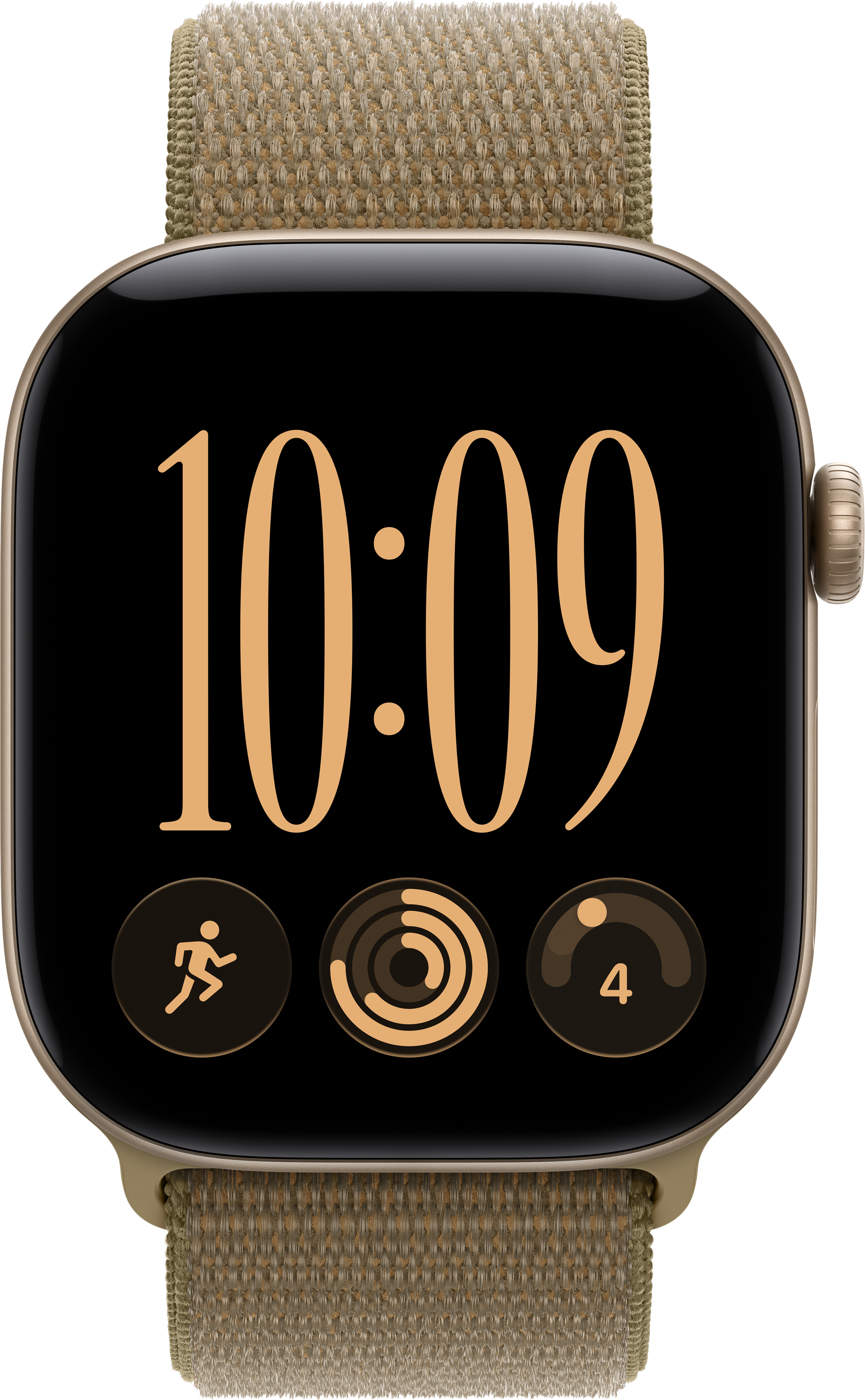 Eine goldene Smartwatch zeigt die Uhrzeit 10:09 und drei Aktivitäts-Apps auf schwarzem Hintergrund.