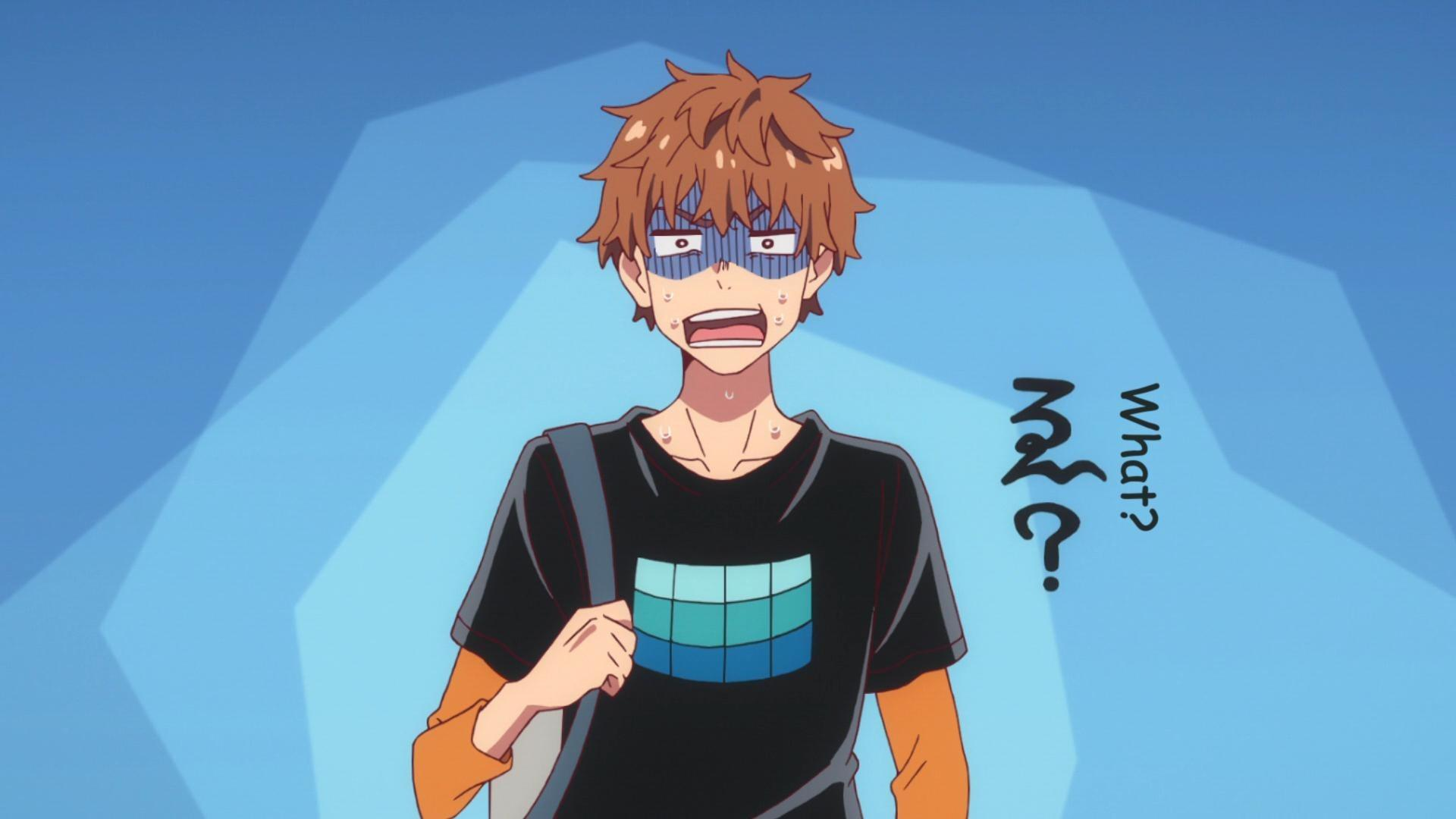Ein Anime-Junge mit braunen Haaren und schwarzem T-Shirt sieht geschockt und verwirrt aus, mit Schweißtropfen im Gesicht.