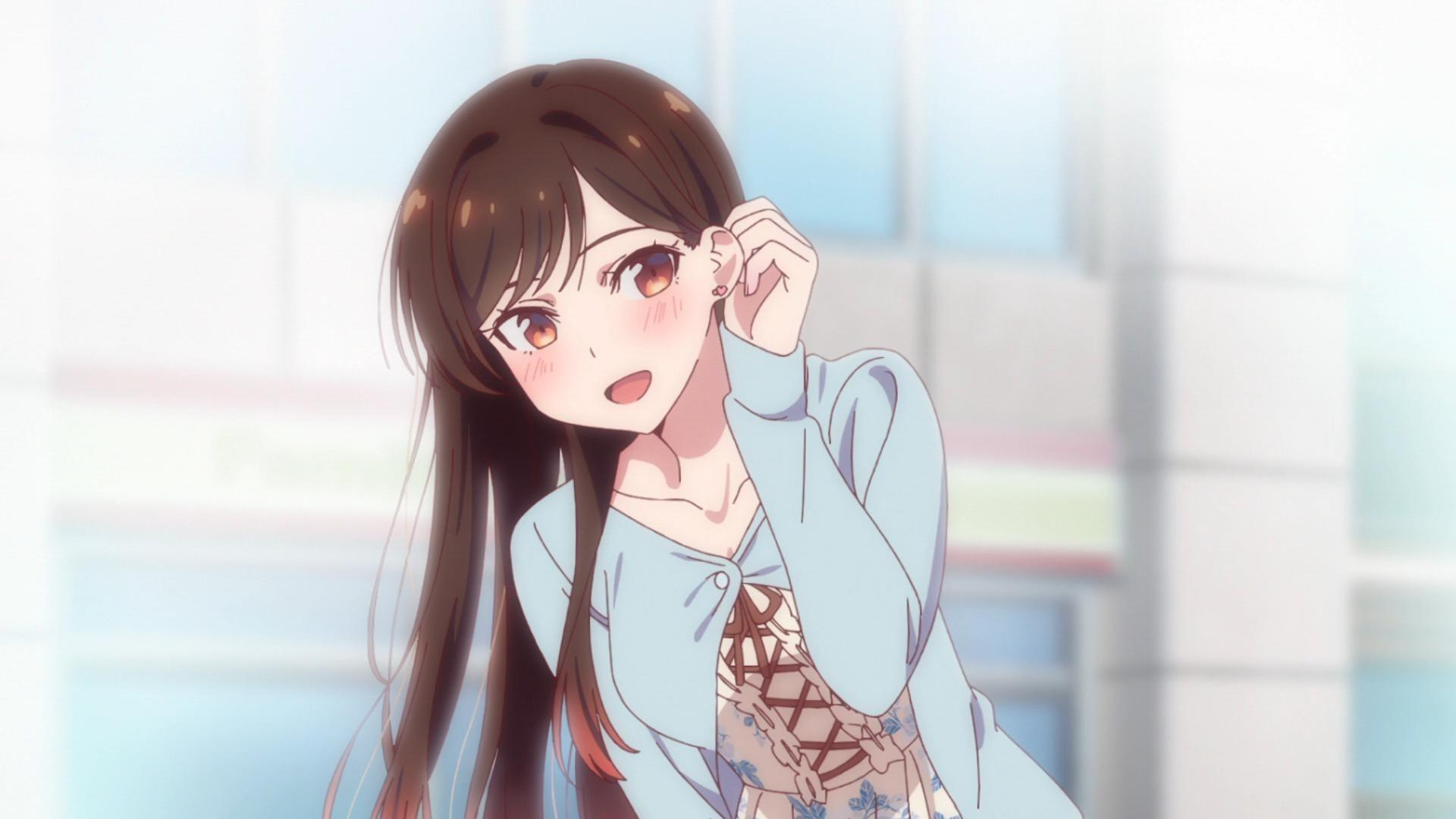 Anime-Mädchen mit langen braunen Haaren und rotem Gesicht setzt ihren Ohrring ein, vor einem verschwommenen Hintergrund.
