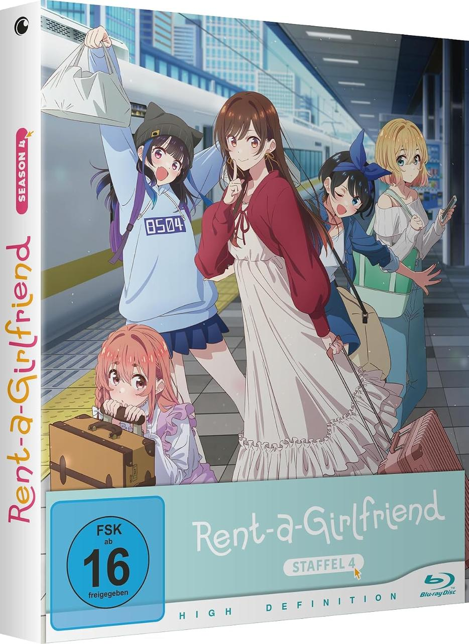 Anime-Cover zeigt vier junge Frauen an einem Bahnhof, mit dem Titel Rent-a-Girlfriend.