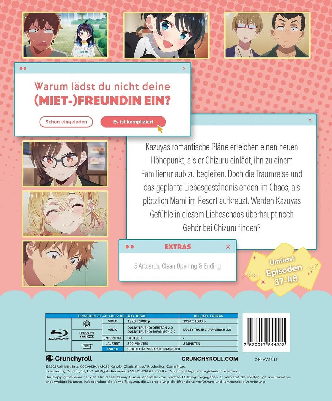 Anime-Blu-ray-Cover mit Charakteren, Text und technischen Details auf rosa gepunktetem Hintergrund.
