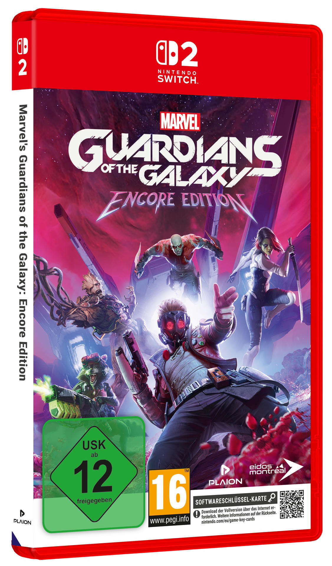 Marvel's Guardians of the Galaxy Encore Edition für Nintendo Switch 2 mit den Hauptcharakteren vor rotem Hintergrund.