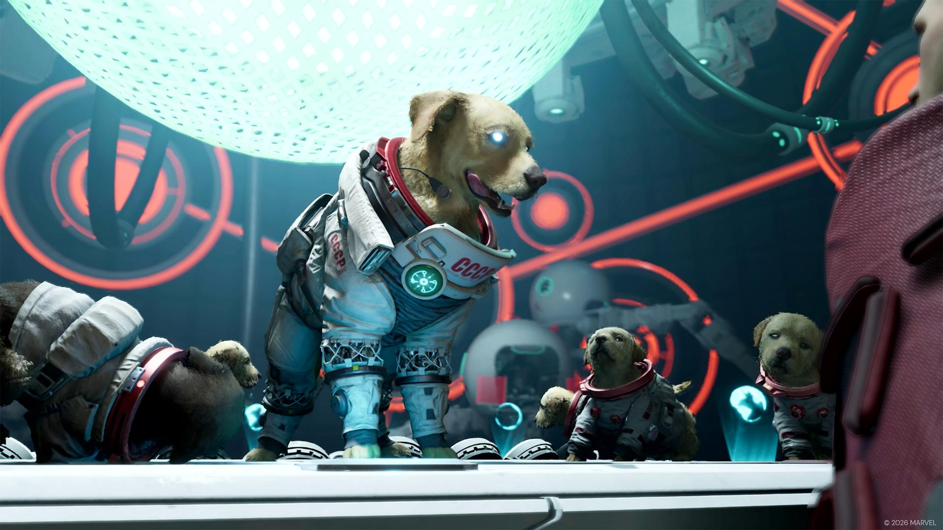 Ein großer Hund in Raumanzug mit kleineren Welpen in Raumanzügen auf einer futuristischen Plattform.