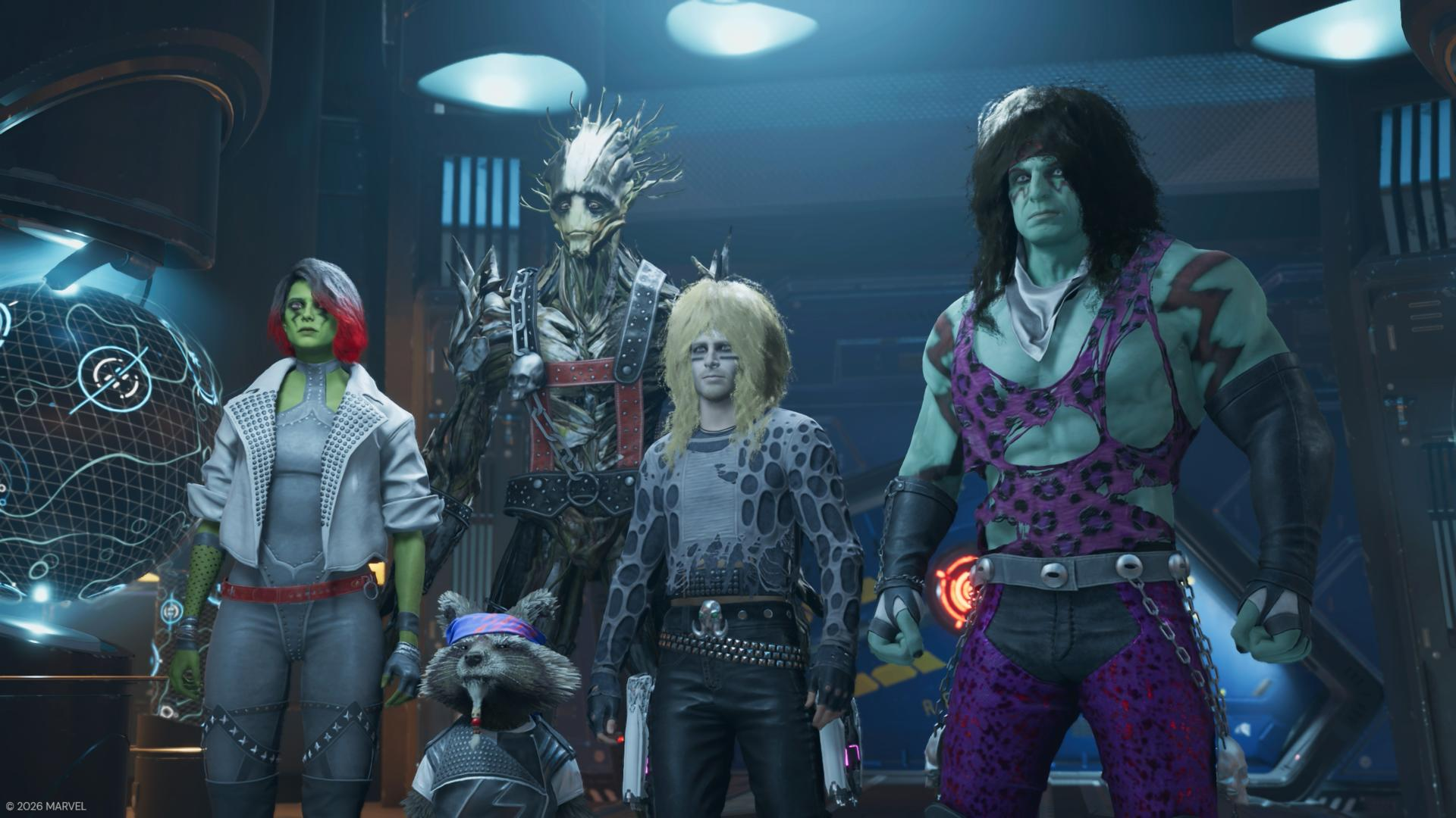Die Guardians of the Galaxy in rockigen Outfits stehen in einem futuristischen Raum.