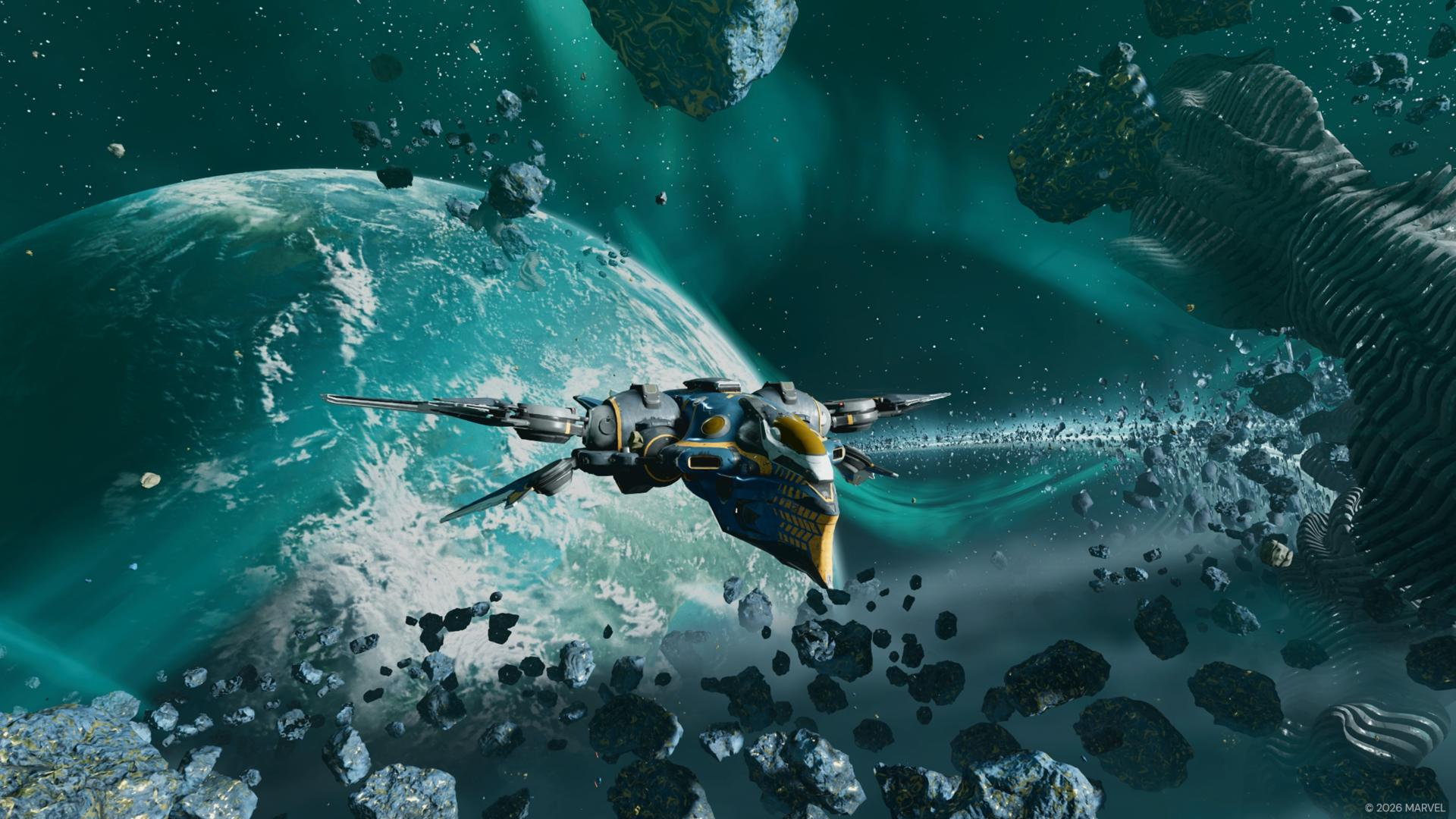 Ein blau-gelbes Raumschiff fliegt im Weltall vor einem Planeten, umgeben von Trümmern und Asteroiden.