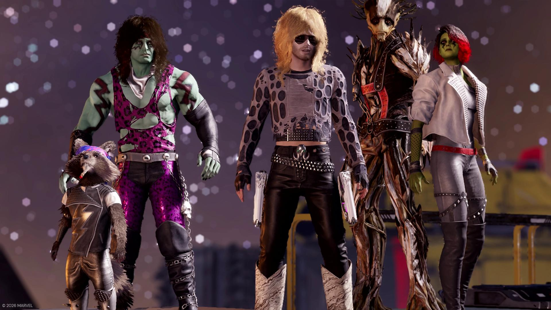 Fünf Charaktere aus Guardians of the Galaxy im rockigen Outfit posieren vor einem dunklen, sternenverzierten Hintergrund.