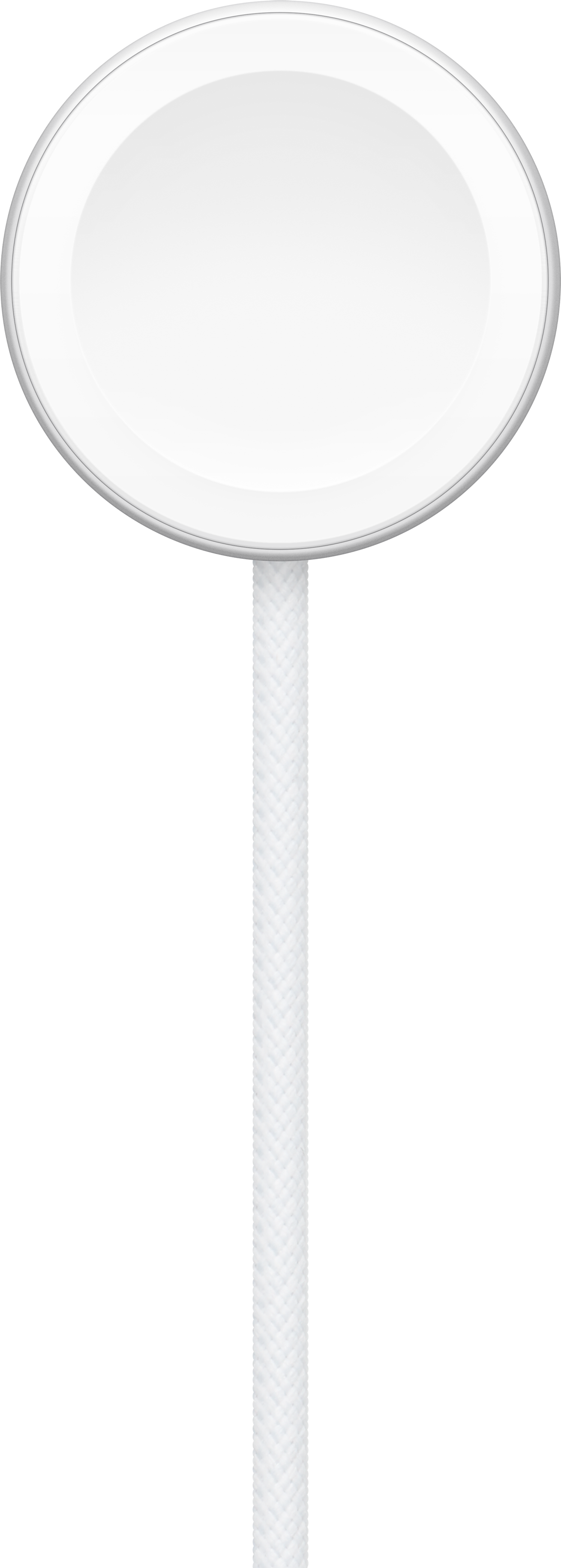 Un chargeur MagSafe rond et blanc avec un câble tressé sur fond noir.