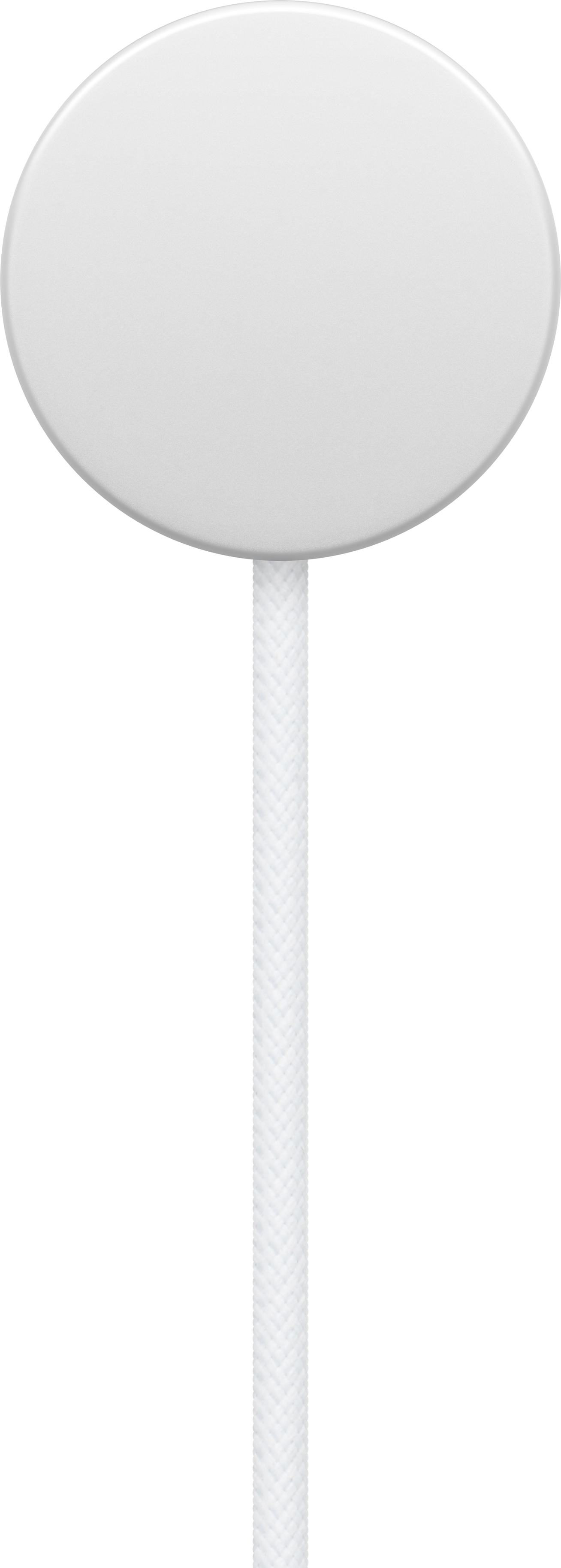 Un chargeur MagSafe circulaire blanc relié à un câble tressé blanc, sur fond noir.