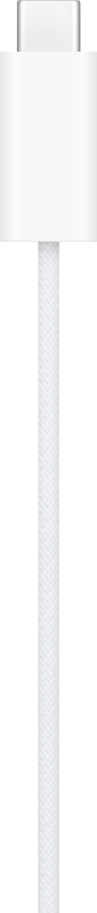 Un connecteur de câble USB-C blanc fixé à un cordon tressé blanc sur fond noir.