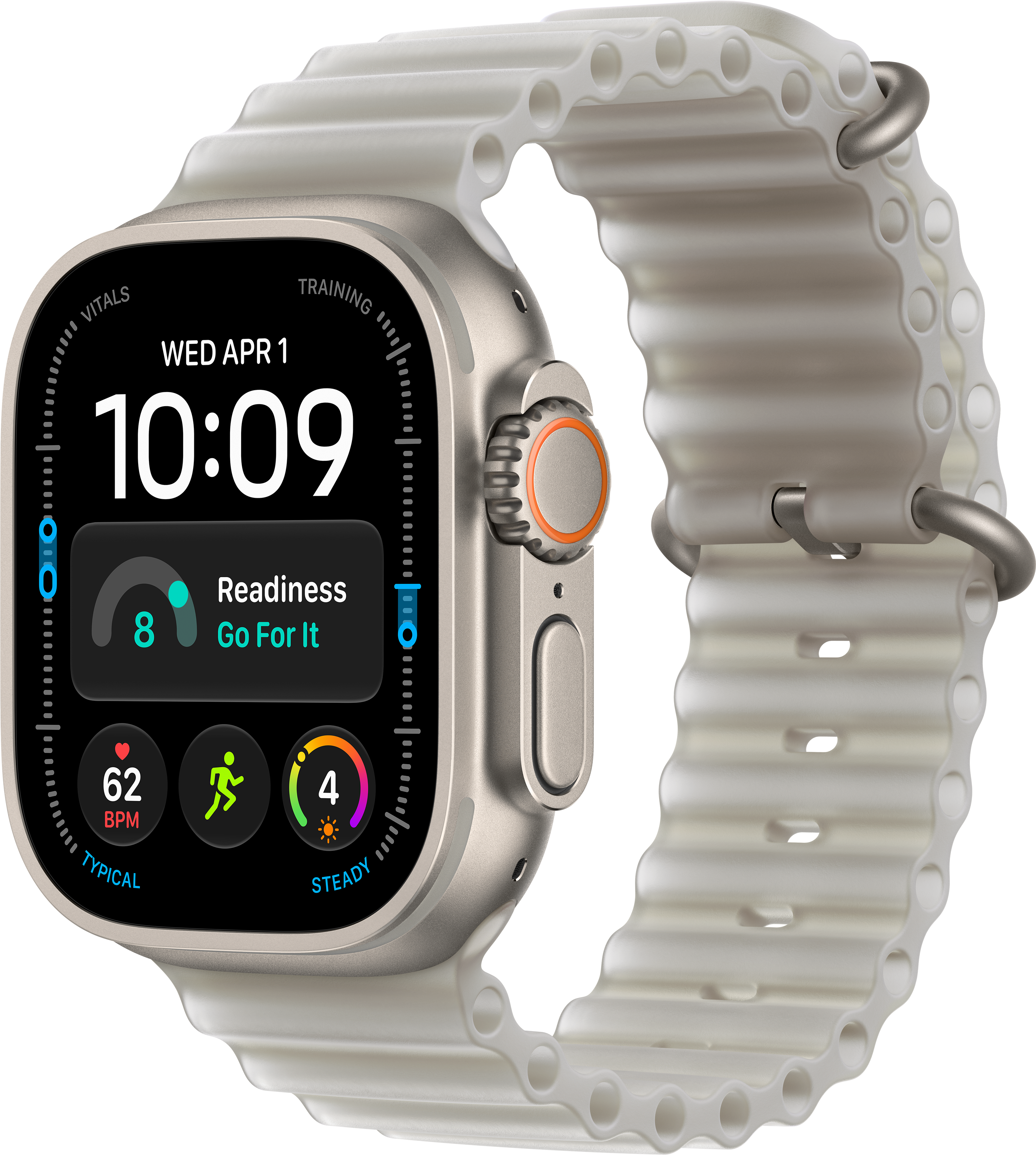 Eine Smartwatch mit hellem Riffarmband und digitalem Zifferblatt auf schwarzem Hintergrund.