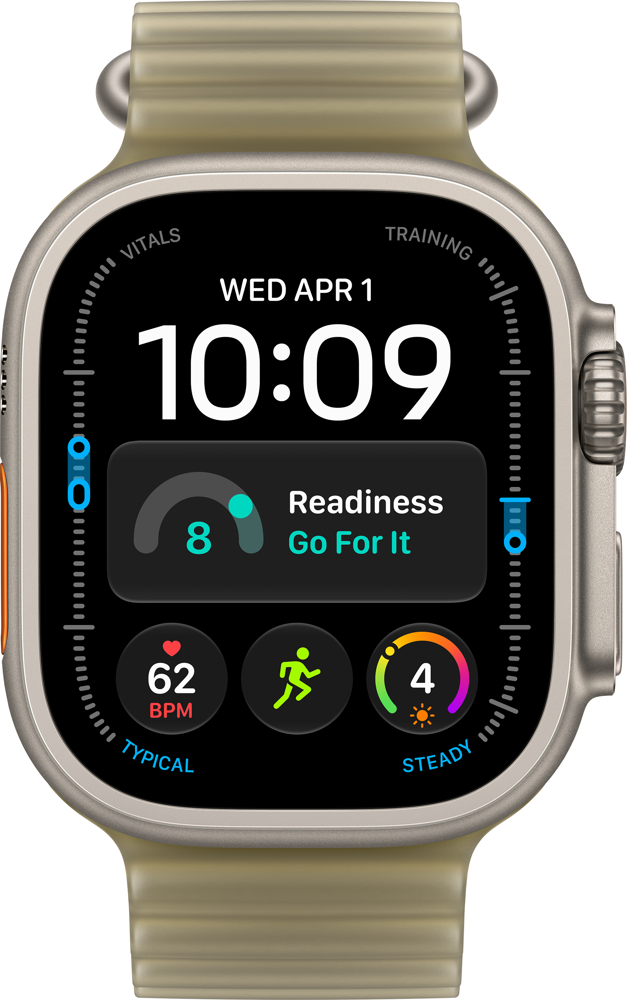 Smartwatch mit digitalem Zifferblatt, das Uhrzeit, Fitnesswerte und Vitaldaten anzeigt.