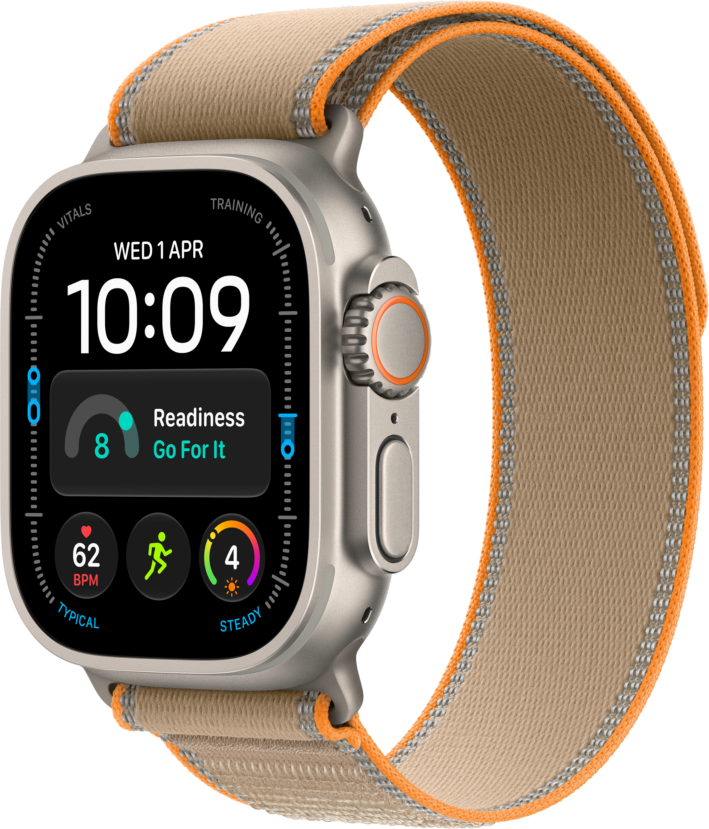 Une montre connectée avec un bracelet en tissu beige et orange affiche l'heure 10:09 et des données de fitness.