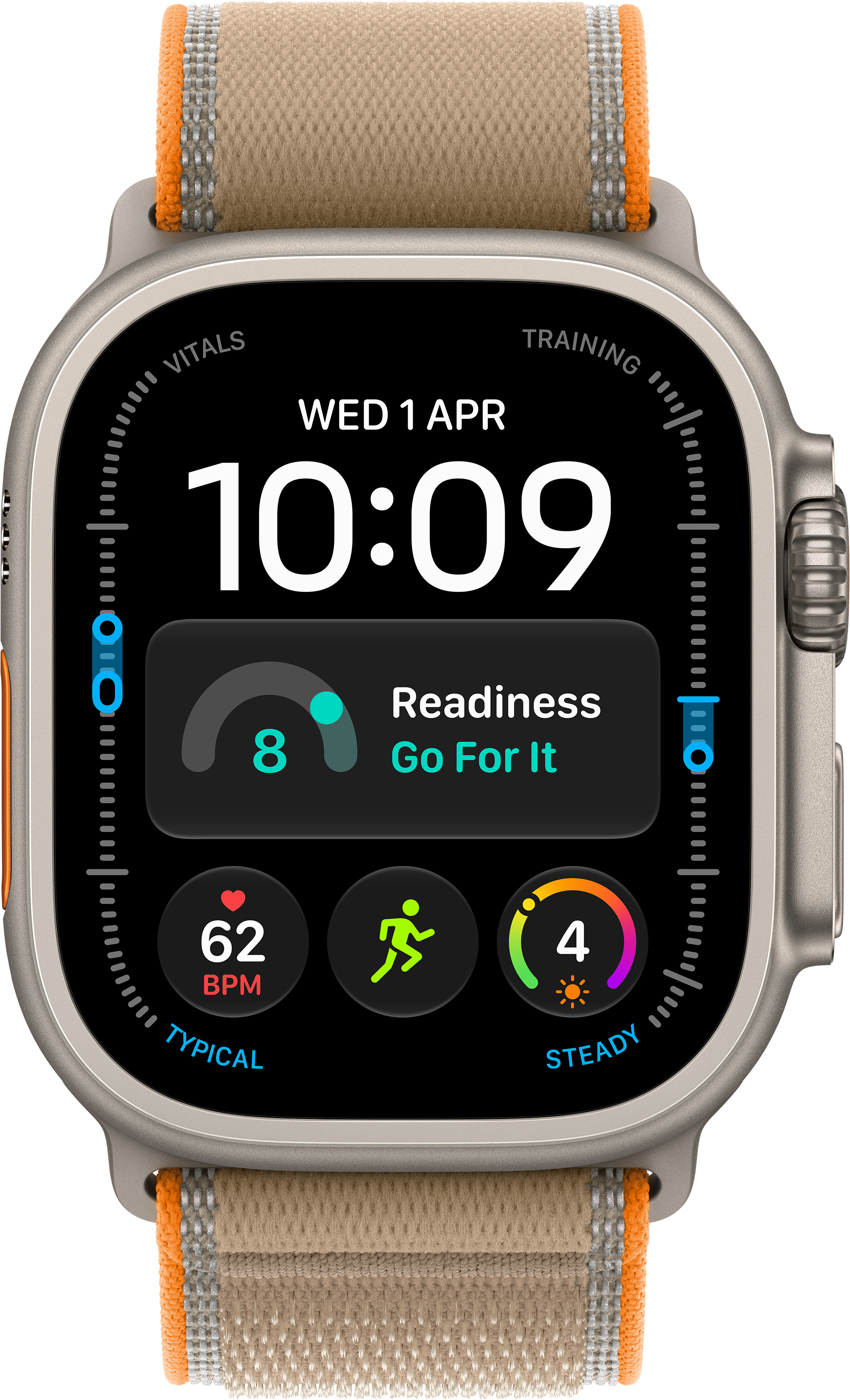 Une montre connectée avec un bracelet en tissu orange affiche 10:09, un score de préparation de 8 et 62 BPM.