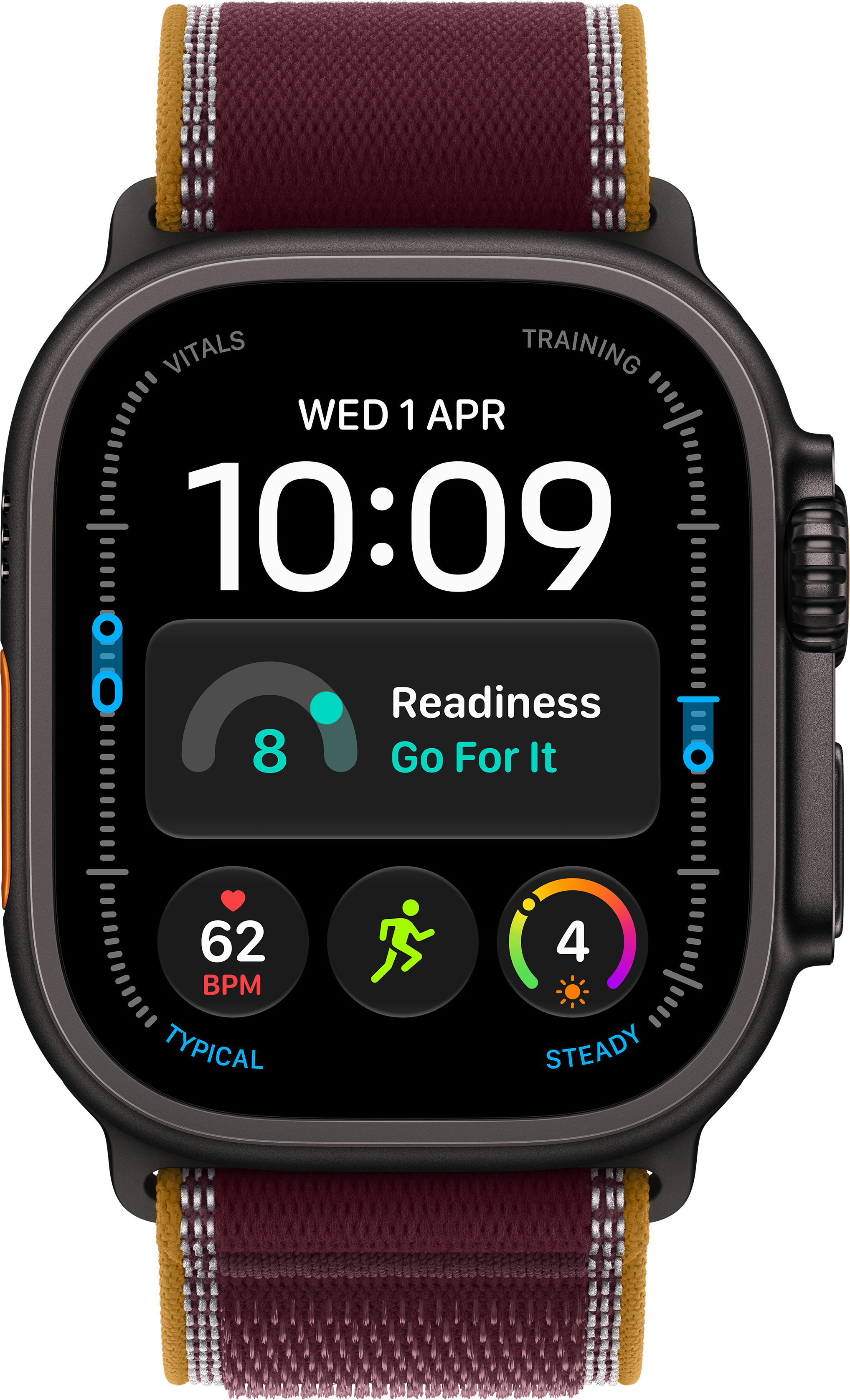 Uno smartwatch con cassa scura, cinturino in tessuto bordeaux e quadrante digitale con dati di fitness.