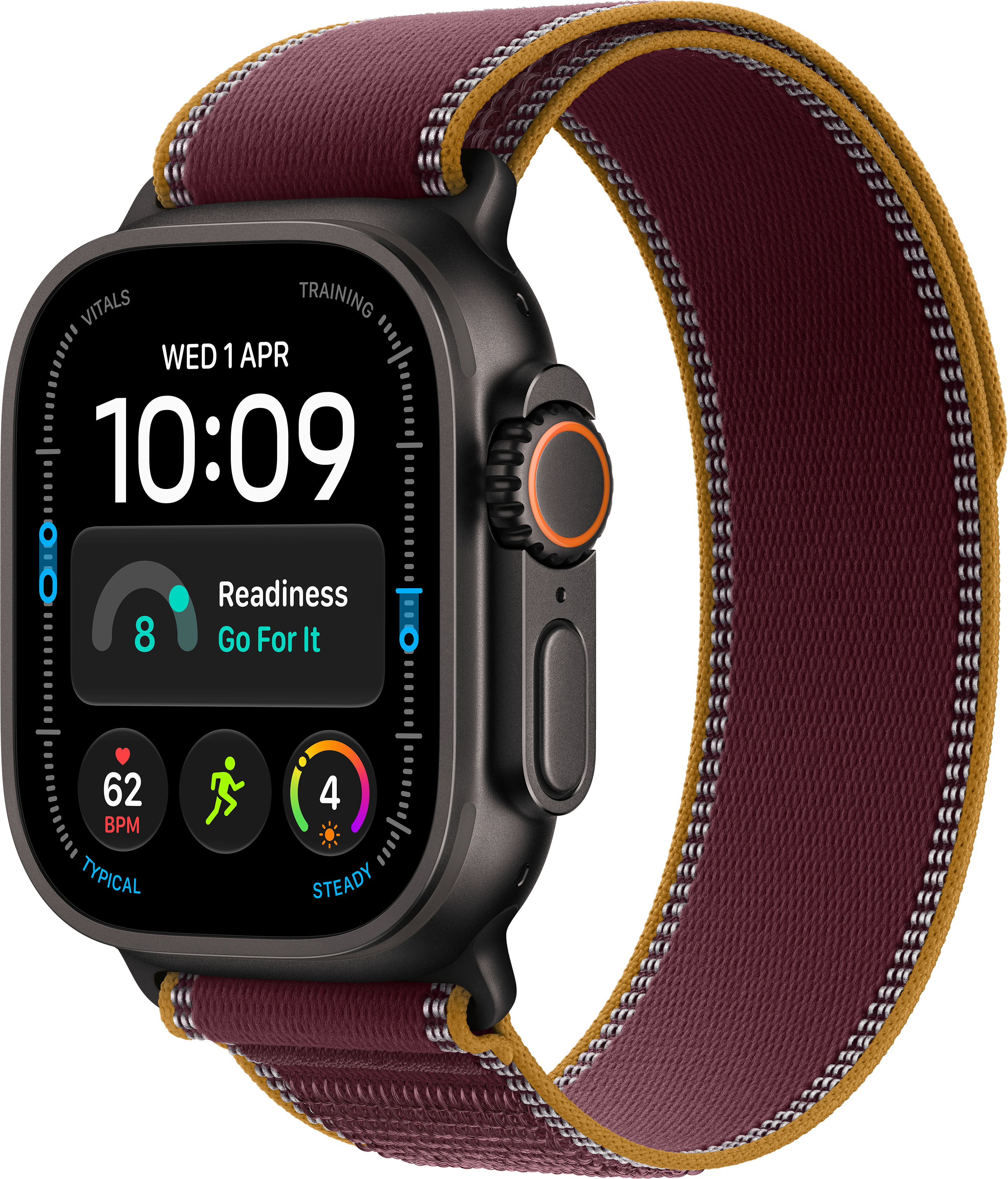 Uno smartwatch con cassa nera e cinturino in tessuto rosso scuro e marrone.